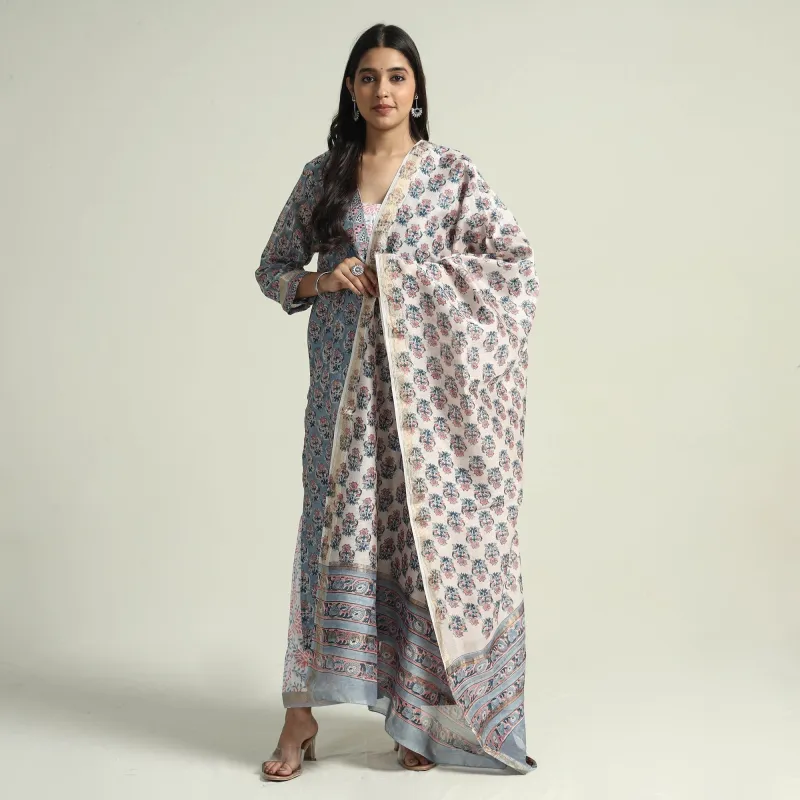 Blue - Sanganeri Block Printed Maheshwari Silk Kurta with Palazzo & Dupatta Set sold by Itokri