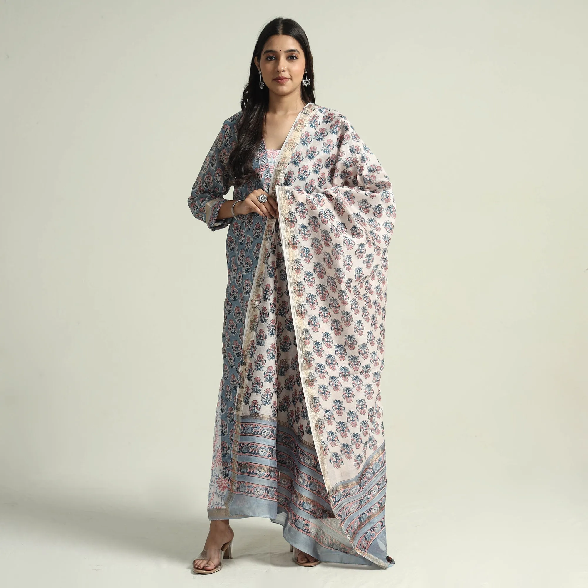 Blue - Sanganeri Block Printed Maheshwari Silk Kurta with Palazzo & Dupatta Set sold by Itokri