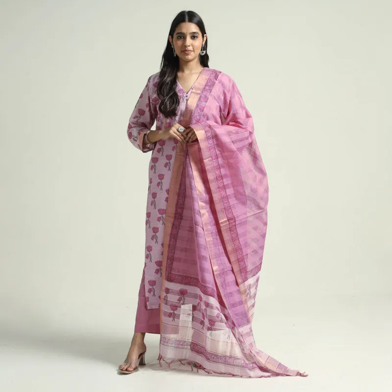 Pink - Mangalagiri Block Printed Handloom Cotton Kurta with Palazzo & Dupatta Set sold by Itokri