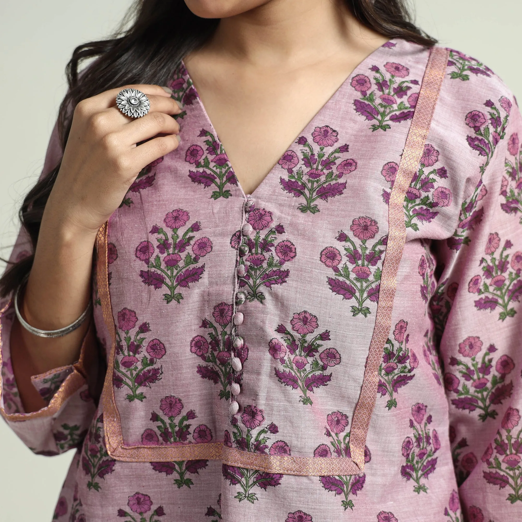 Pink - - Mangalagiri Block Printed Handloom Cotton Kurta with Palazzo & Dupatta Set sold by Itokri product image thumbnail 5
