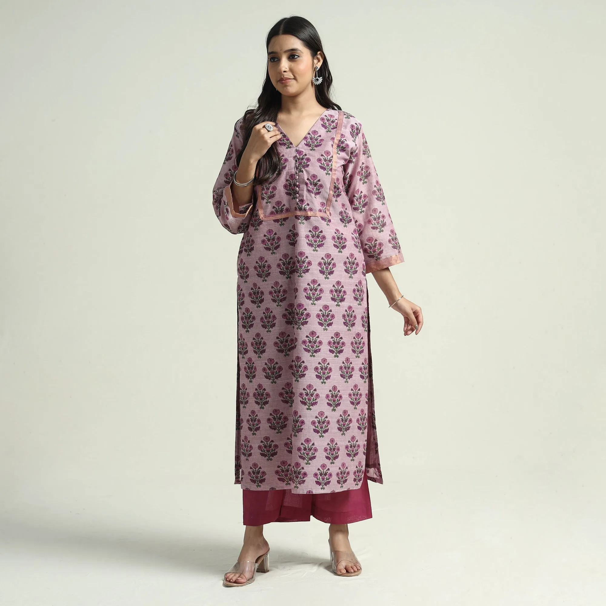 Pink - - Mangalagiri Block Printed Handloom Cotton Kurta with Palazzo & Dupatta Set sold by Itokri product image thumbnail 4