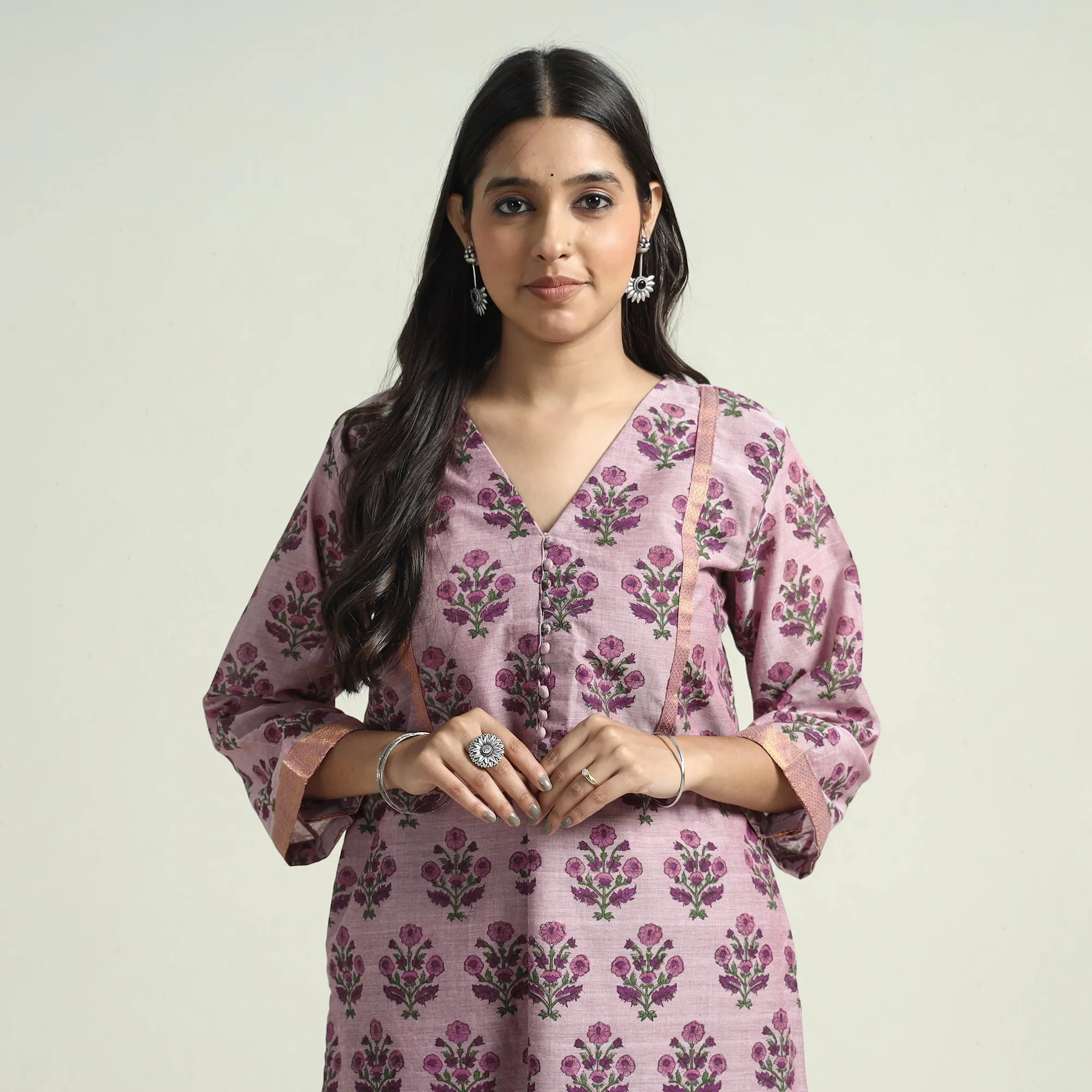 Pink - - Mangalagiri Block Printed Handloom Cotton Kurta with Palazzo & Dupatta Set sold by Itokri product image thumbnail 3