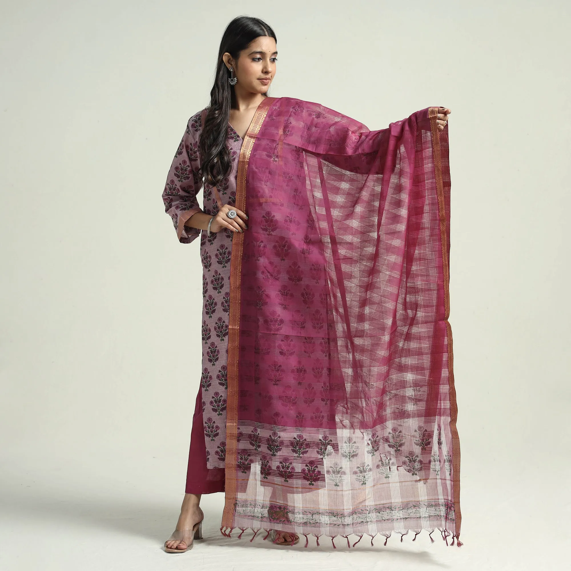 Pink - - Mangalagiri Block Printed Handloom Cotton Kurta with Palazzo & Dupatta Set sold by Itokri product image thumbnail 2