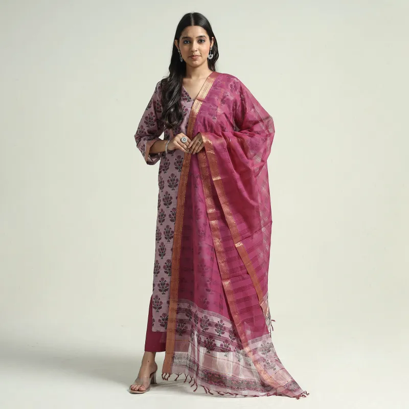 Pink - - Mangalagiri Block Printed Handloom Cotton Kurta with Palazzo & Dupatta Set made by Itokri