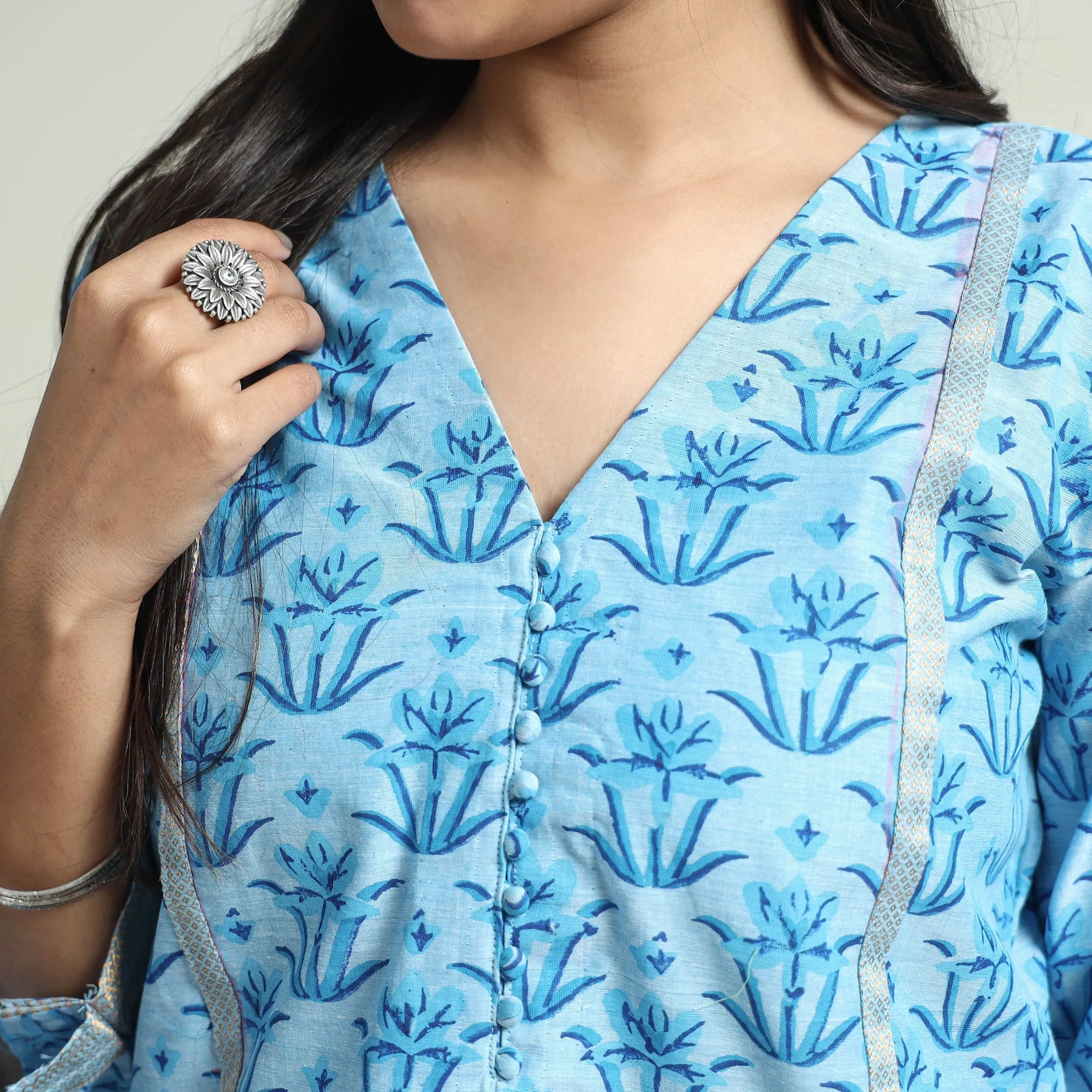 Blue - Mangalagiri Block Printed Handloom Cotton Kurta with Palazzo & Dupatta Set sold by Itokri product image thumbnail 5