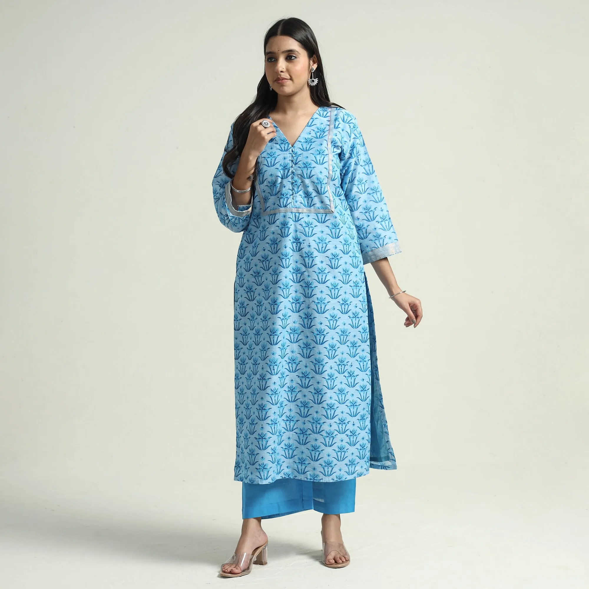 Blue - Mangalagiri Block Printed Handloom Cotton Kurta with Palazzo & Dupatta Set sold by Itokri product image thumbnail 4