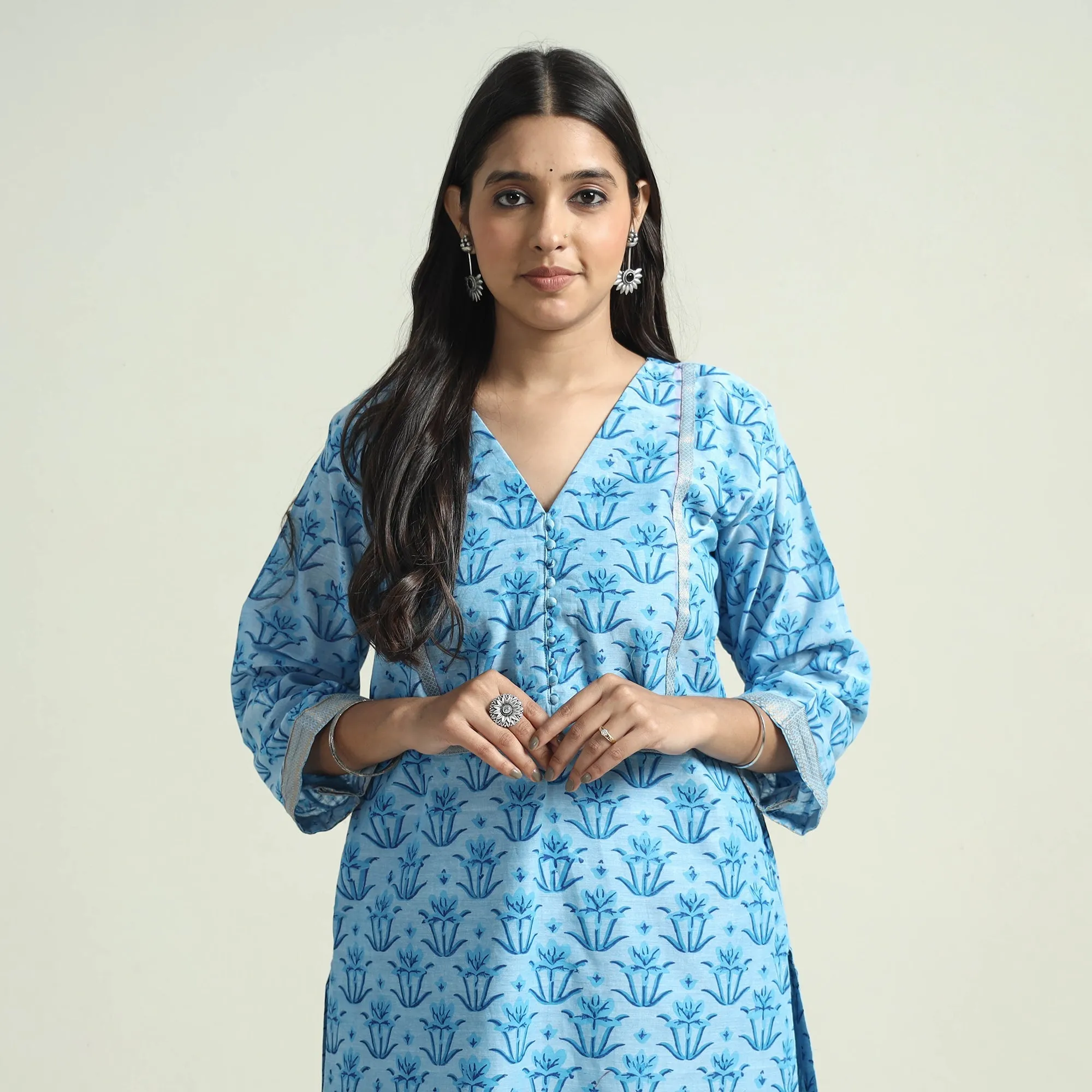 Blue - Mangalagiri Block Printed Handloom Cotton Kurta with Palazzo & Dupatta Set sold by Itokri product image thumbnail 3