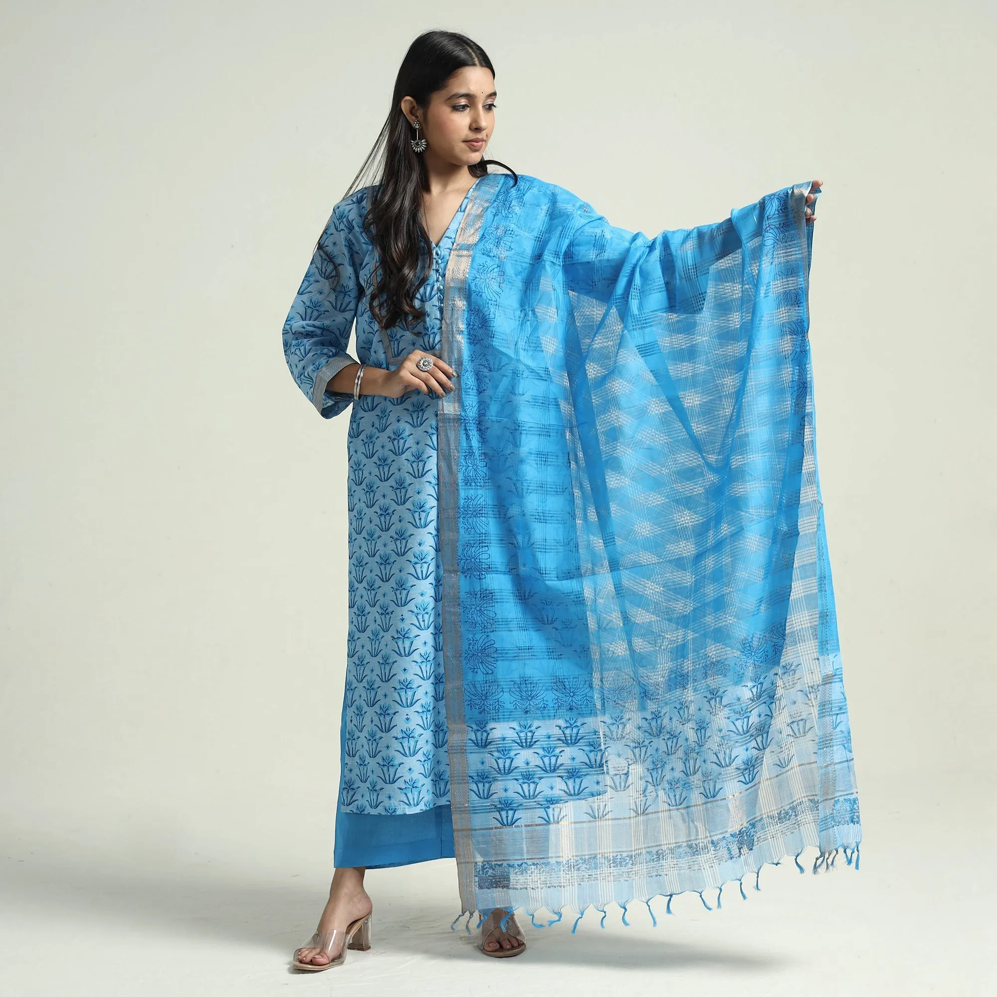 Blue - Mangalagiri Block Printed Handloom Cotton Kurta with Palazzo & Dupatta Set sold by Itokri product image thumbnail 2