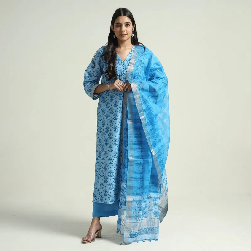 Blue - Mangalagiri Block Printed Handloom Cotton Kurta with Palazzo & Dupatta Set made by Itokri