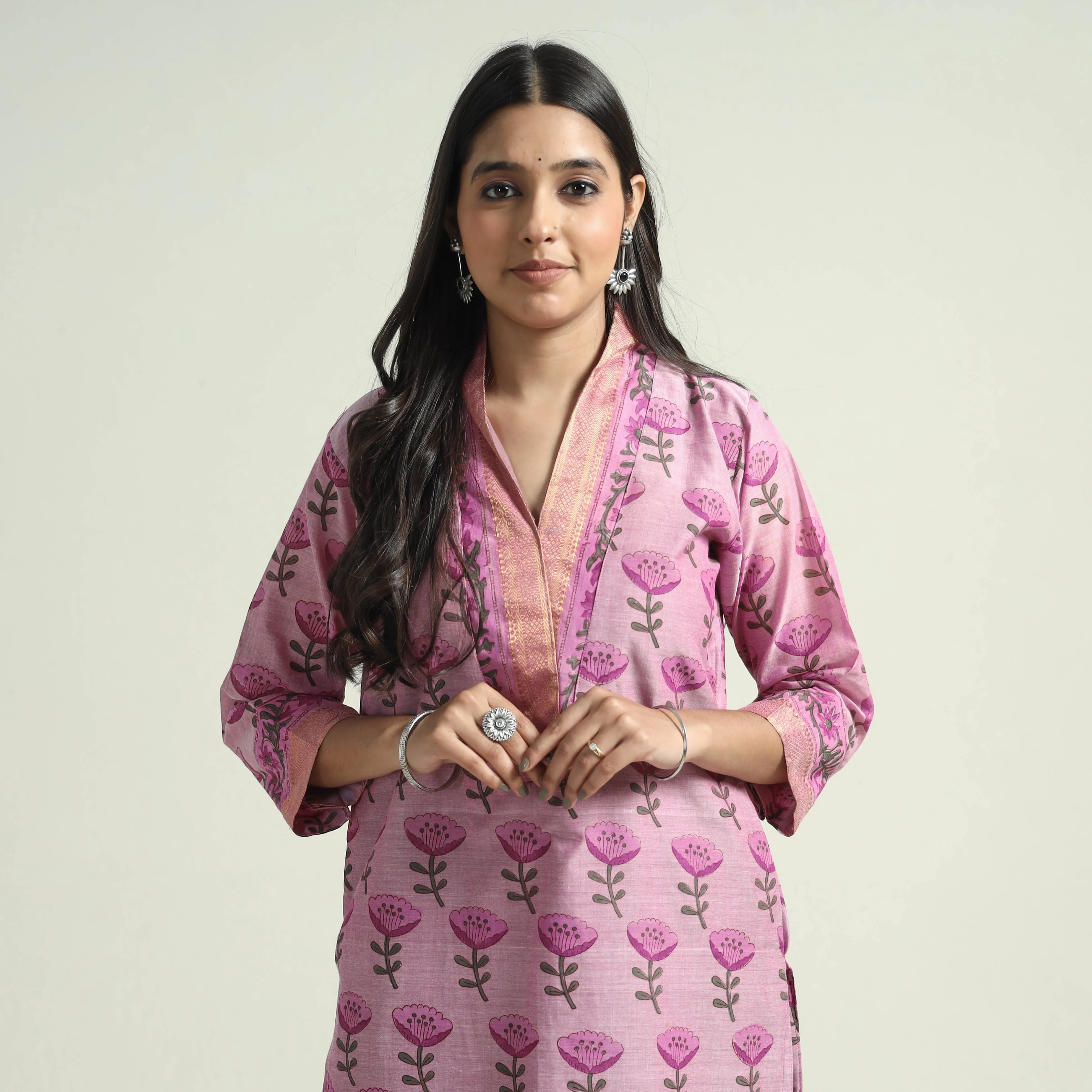 Pink - Mangalagiri Block Printed Handloom Cotton Kurta with Palazzo & Dupatta Set sold by Itokri product image thumbnail 3