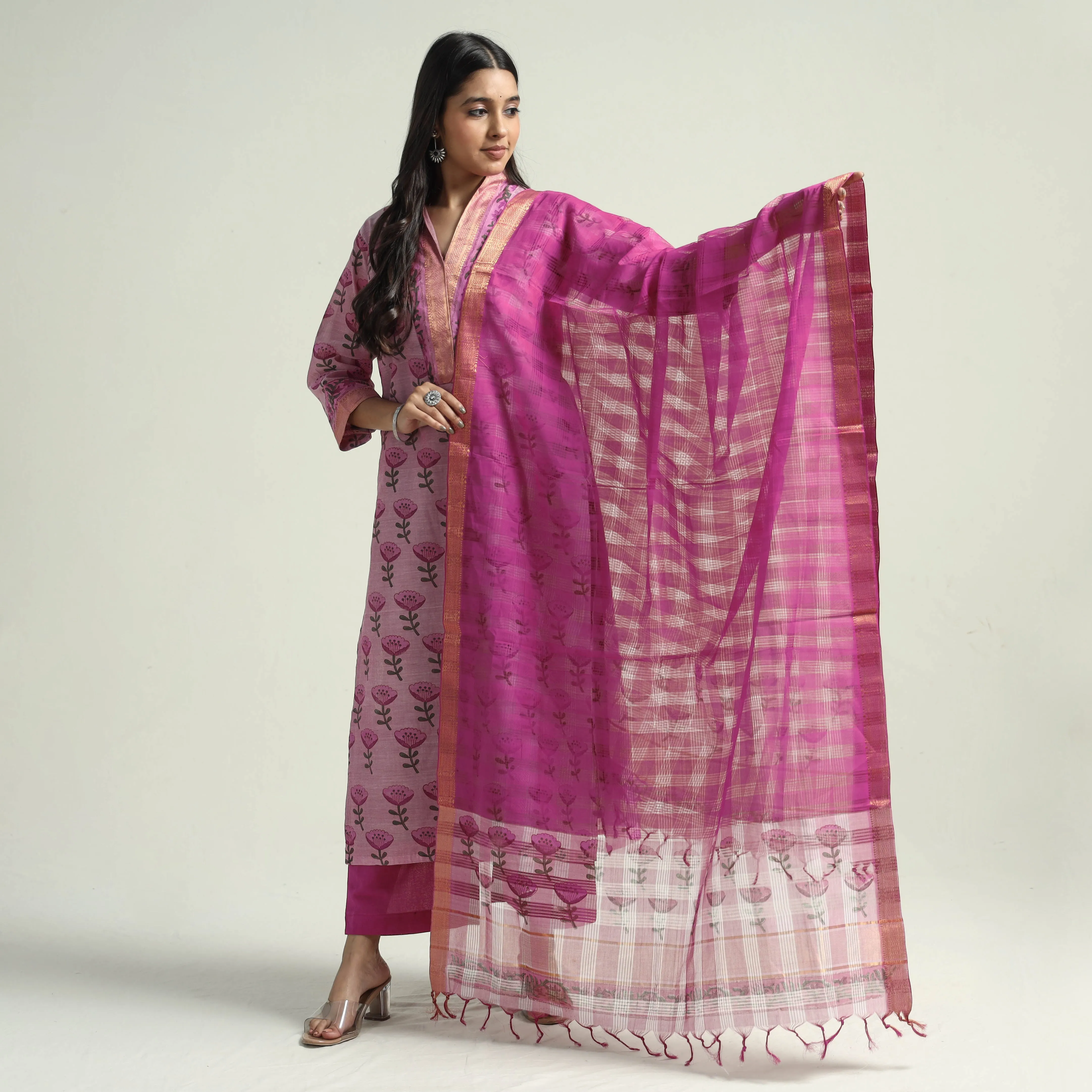 Pink - Mangalagiri Block Printed Handloom Cotton Kurta with Palazzo & Dupatta Set sold by Itokri product image thumbnail 2