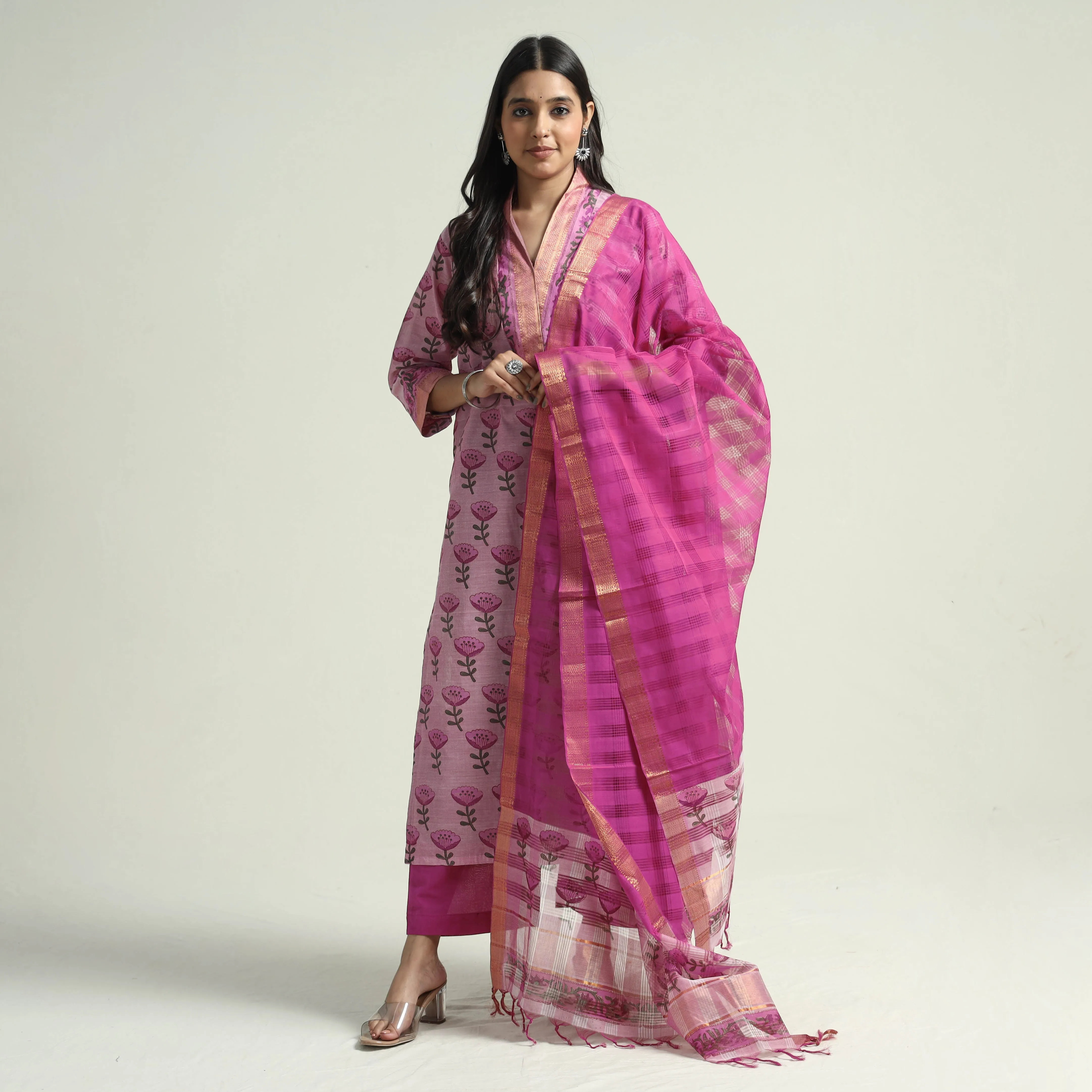 Pink - Mangalagiri Block Printed Handloom Cotton Kurta with Palazzo & Dupatta Set sold by Itokri