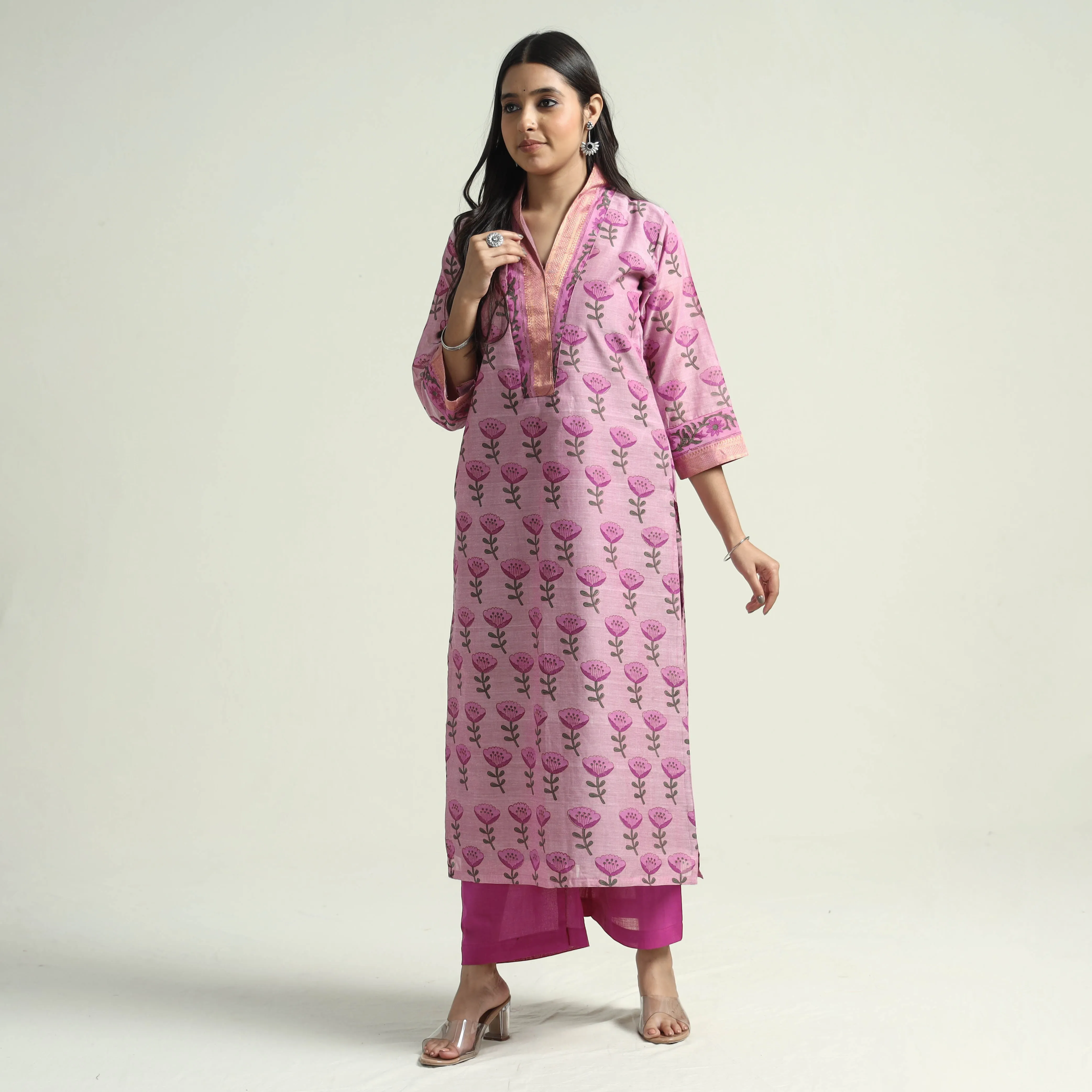 Pink - Mangalagiri Block Printed Handloom Cotton Kurta with Palazzo & Dupatta Set sold by Itokri product image thumbnail 4