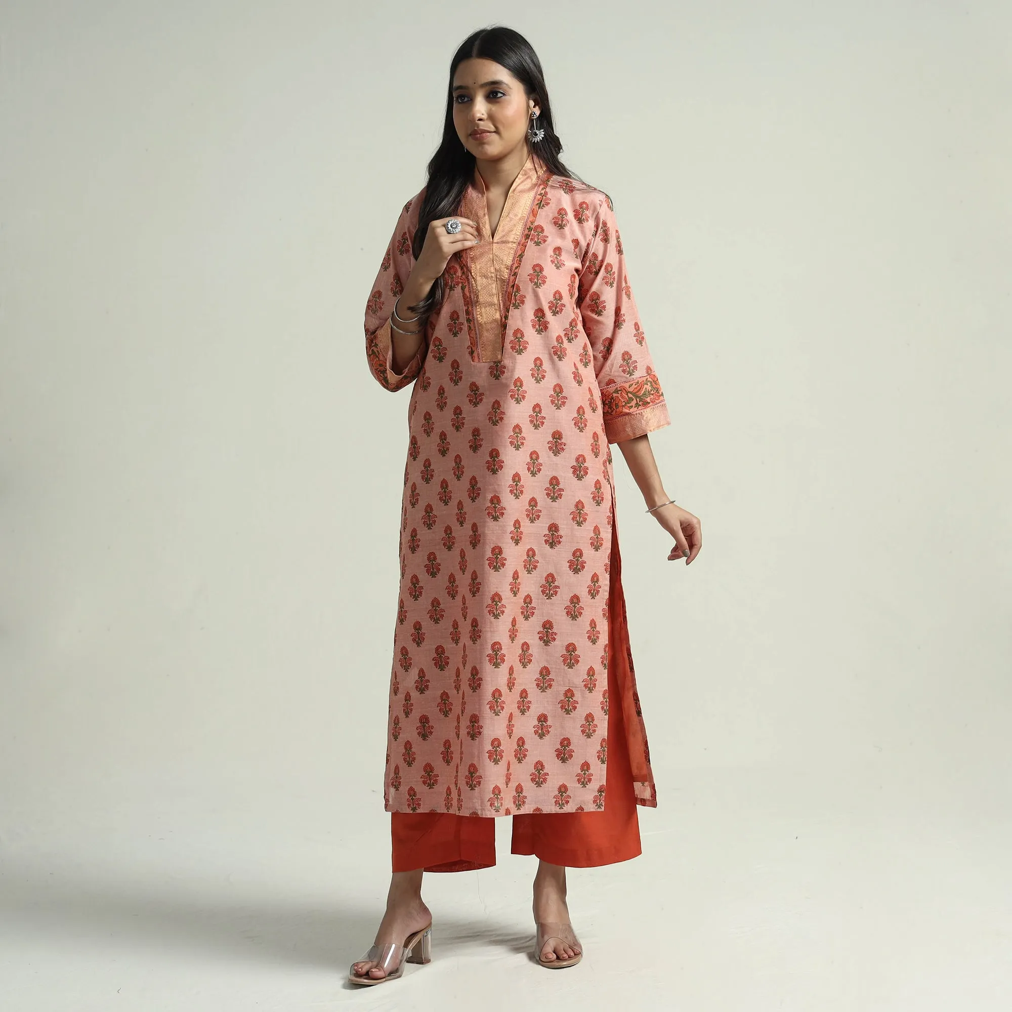 Peach - Mangalagiri Block Printed Handloom Cotton Kurta with Palazzo & Dupatta Set sold by Itokri product image thumbnail 4