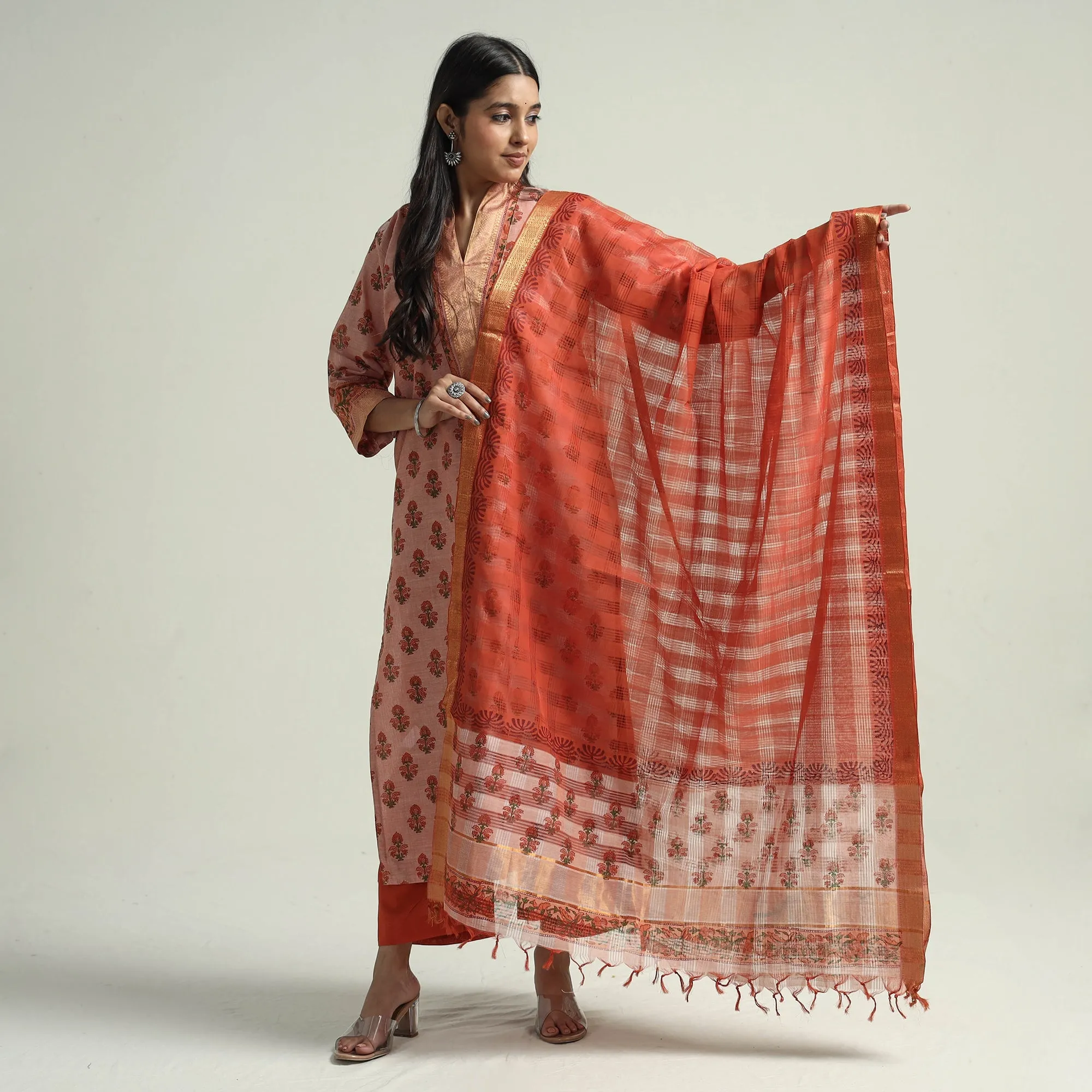 Peach - Mangalagiri Block Printed Handloom Cotton Kurta with Palazzo & Dupatta Set sold by Itokri product image thumbnail 2