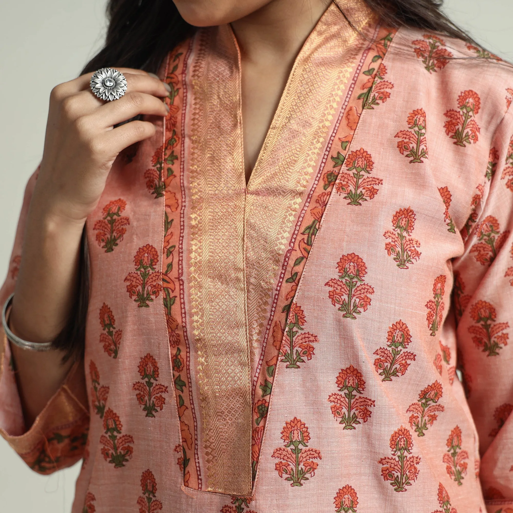 Peach - Mangalagiri Block Printed Handloom Cotton Kurta with Palazzo & Dupatta Set sold by Itokri product image thumbnail 5