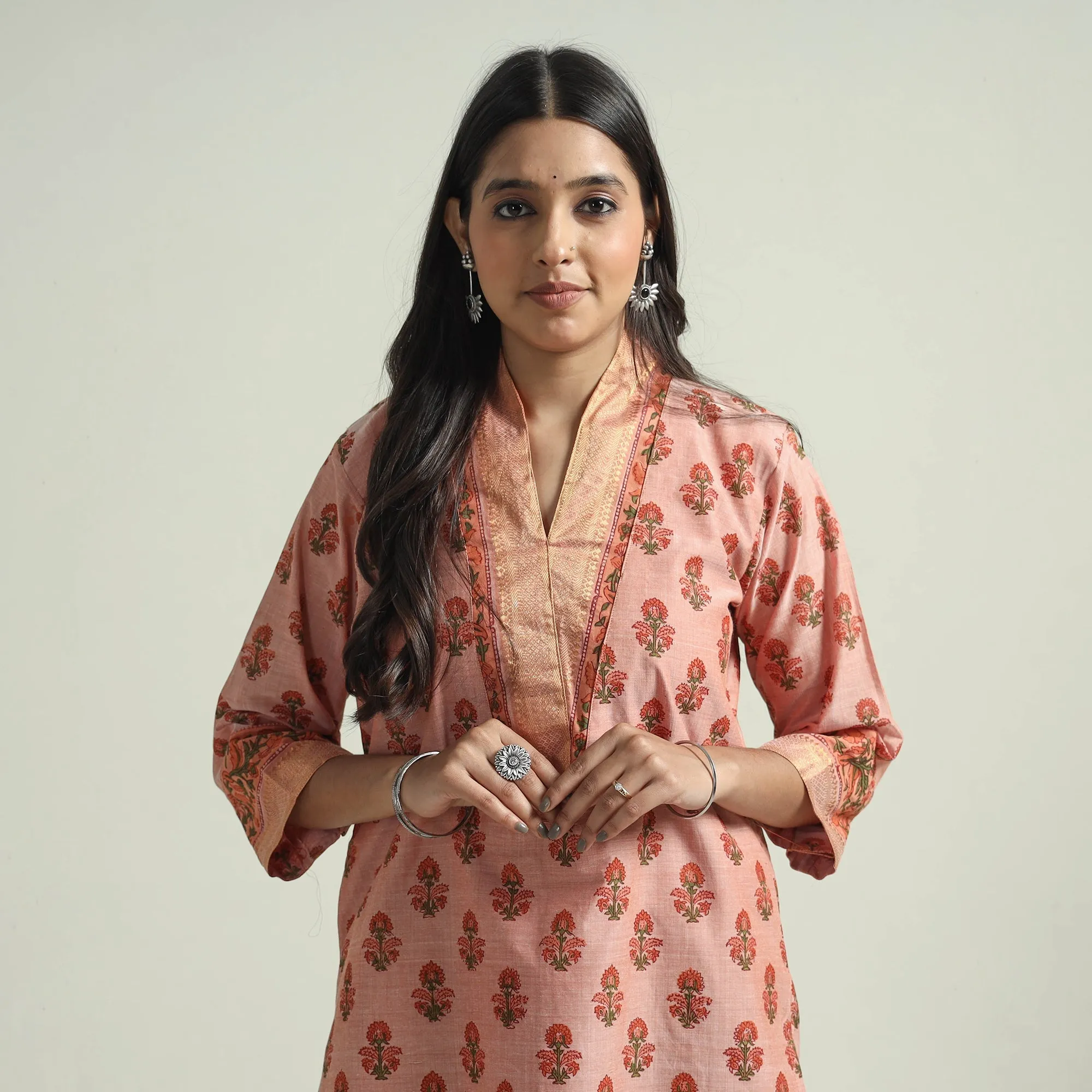 Peach - Mangalagiri Block Printed Handloom Cotton Kurta with Palazzo & Dupatta Set sold by Itokri product image thumbnail 3