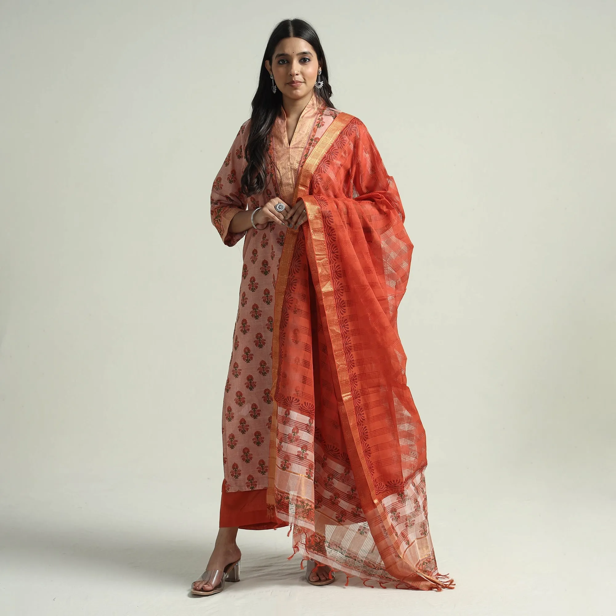 Peach - Mangalagiri Block Printed Handloom Cotton Kurta with Palazzo & Dupatta Set sold by Itokri