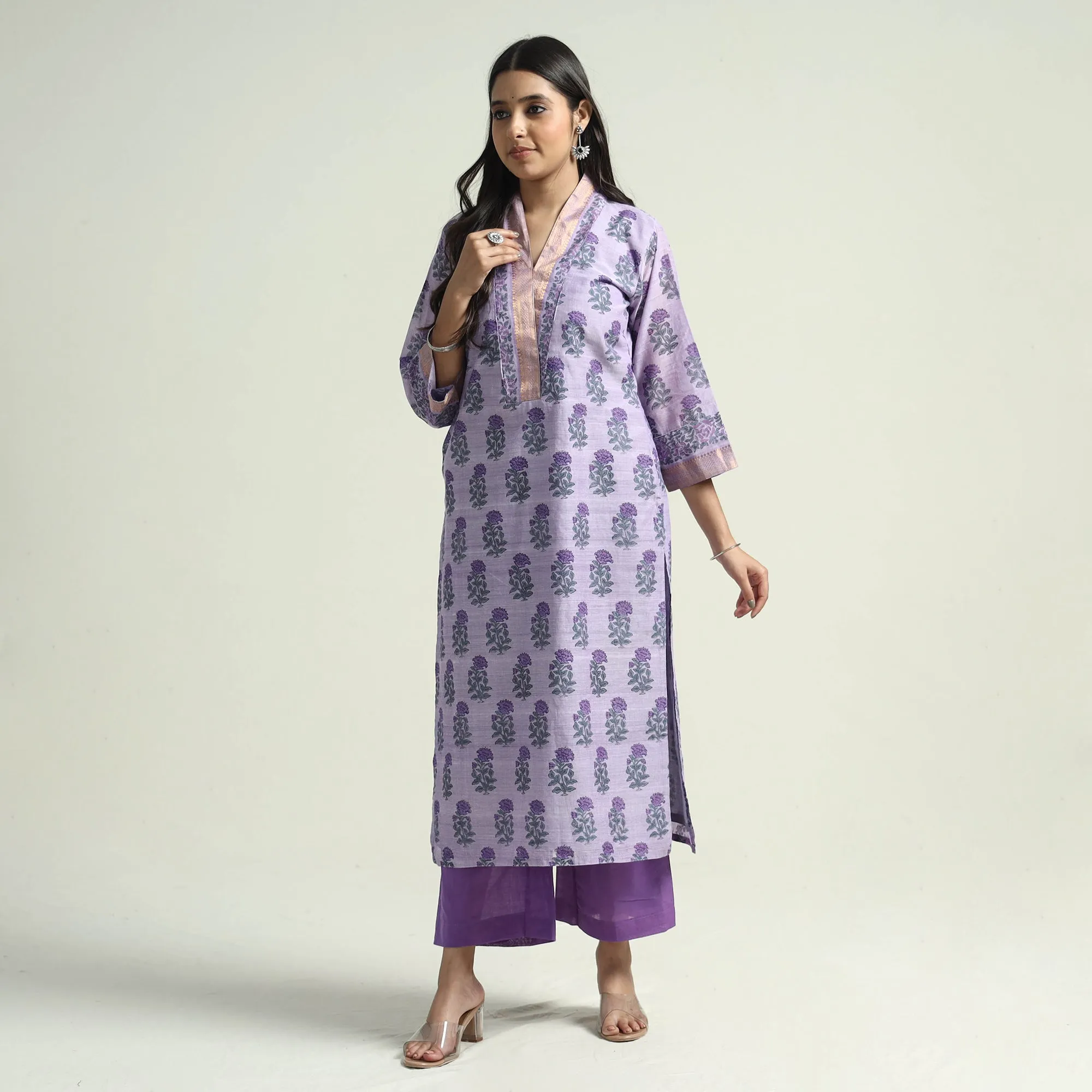 Purple - Mangalagiri Block Printed Handloom Cotton Kurta with Palazzo & Dupatta Set sold by Itokri product image thumbnail 4