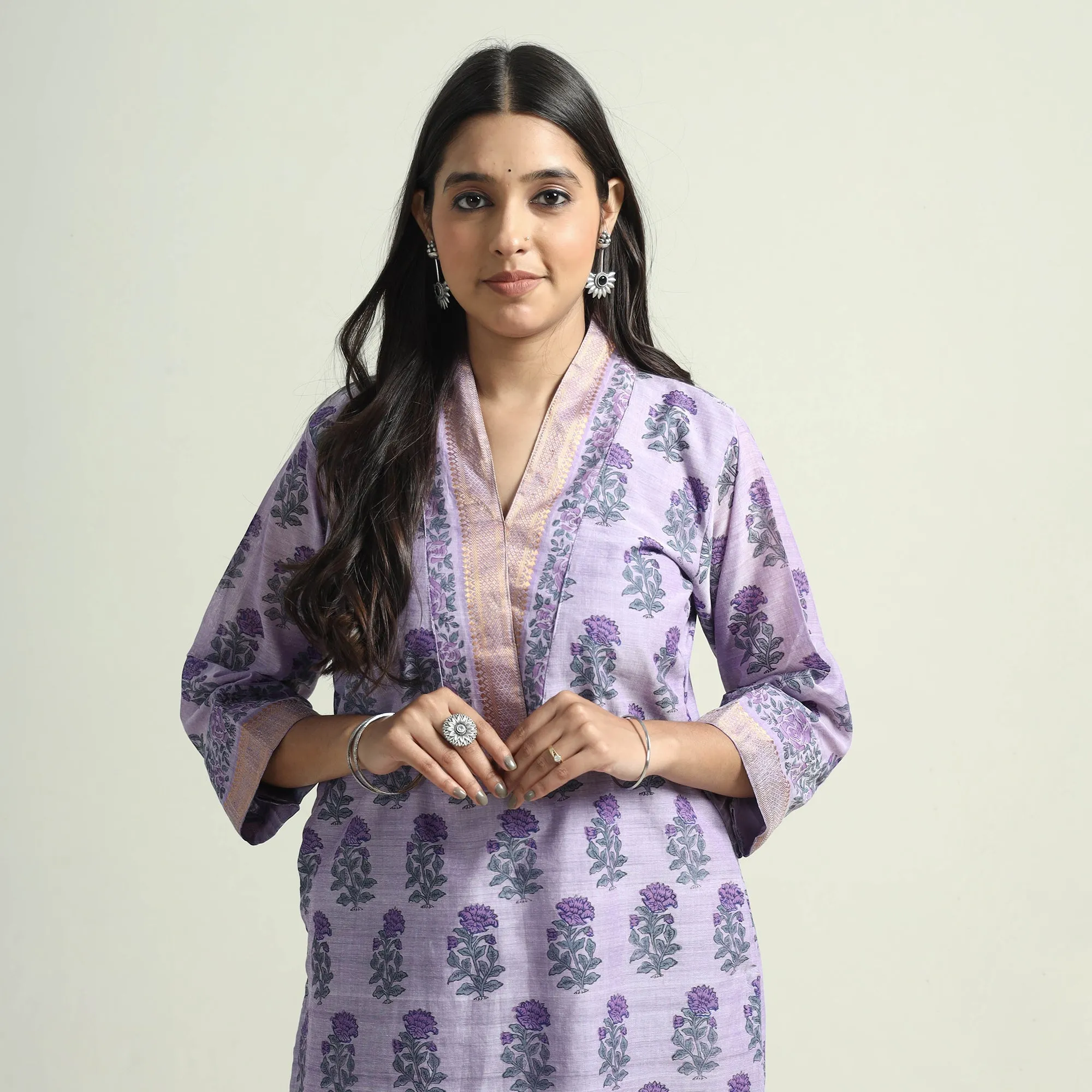 Purple - Mangalagiri Block Printed Handloom Cotton Kurta with Palazzo & Dupatta Set sold by Itokri product image thumbnail 3