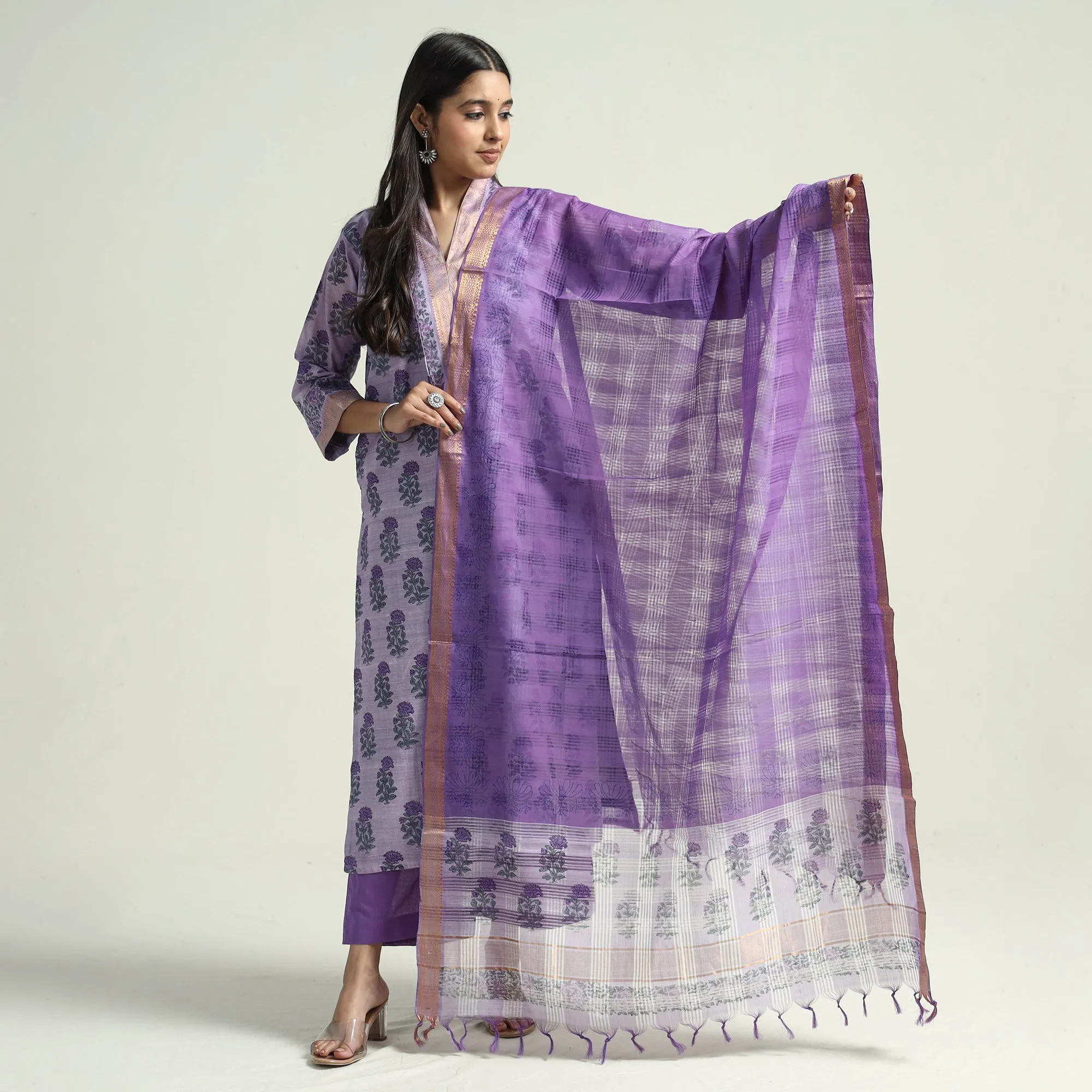Purple - Mangalagiri Block Printed Handloom Cotton Kurta with Palazzo & Dupatta Set sold by Itokri product image thumbnail 2