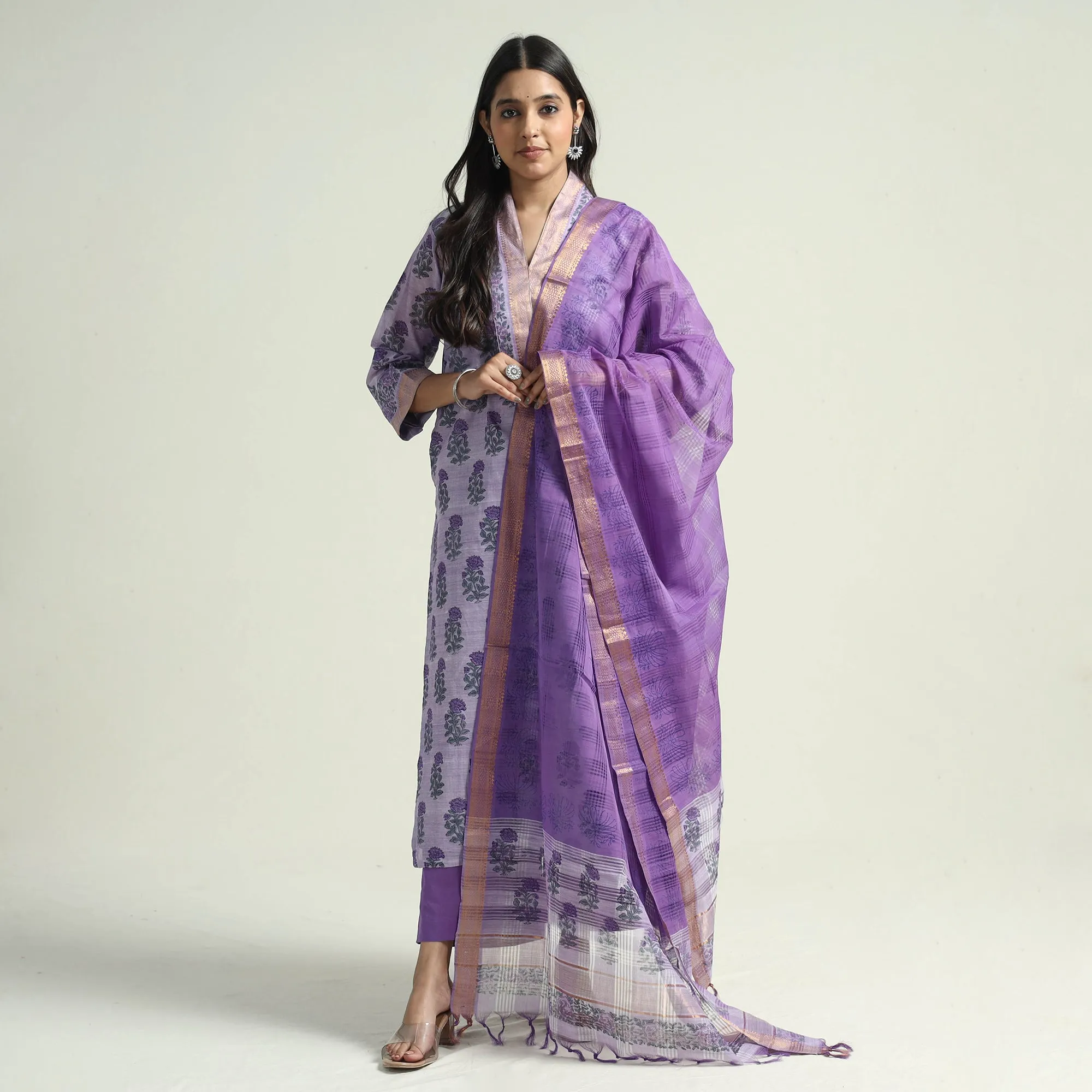 Purple - Mangalagiri Block Printed Handloom Cotton Kurta with Palazzo & Dupatta Set sold by Itokri