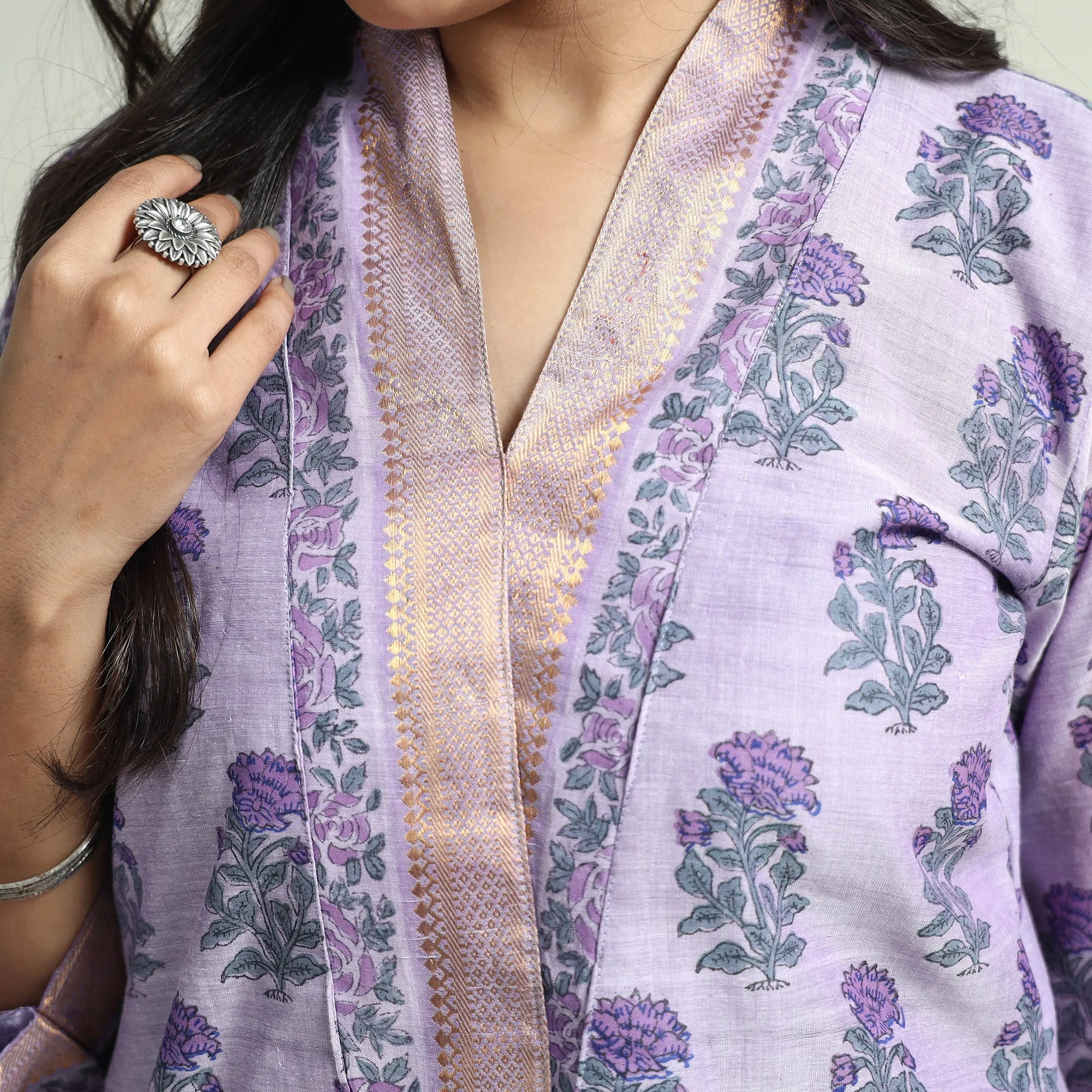 Purple - Mangalagiri Block Printed Handloom Cotton Kurta with Palazzo & Dupatta Set sold by Itokri product image thumbnail 5