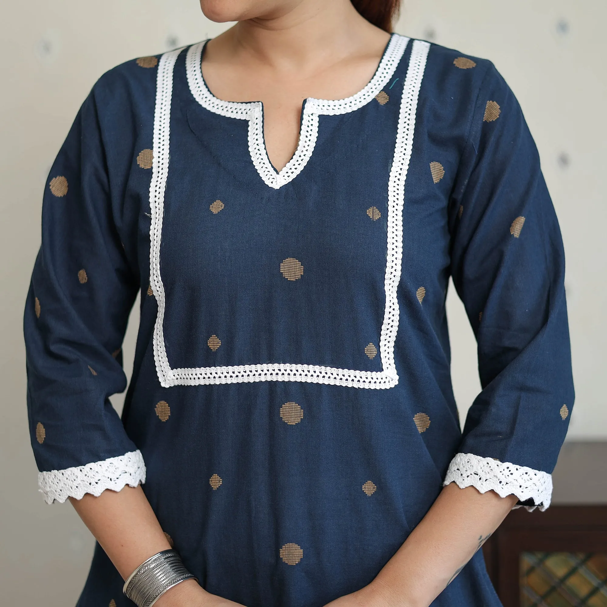 Blue - Jacquard Cotton Straight Kurta with Lace Work 27 sold by Itokri product image thumbnail 5