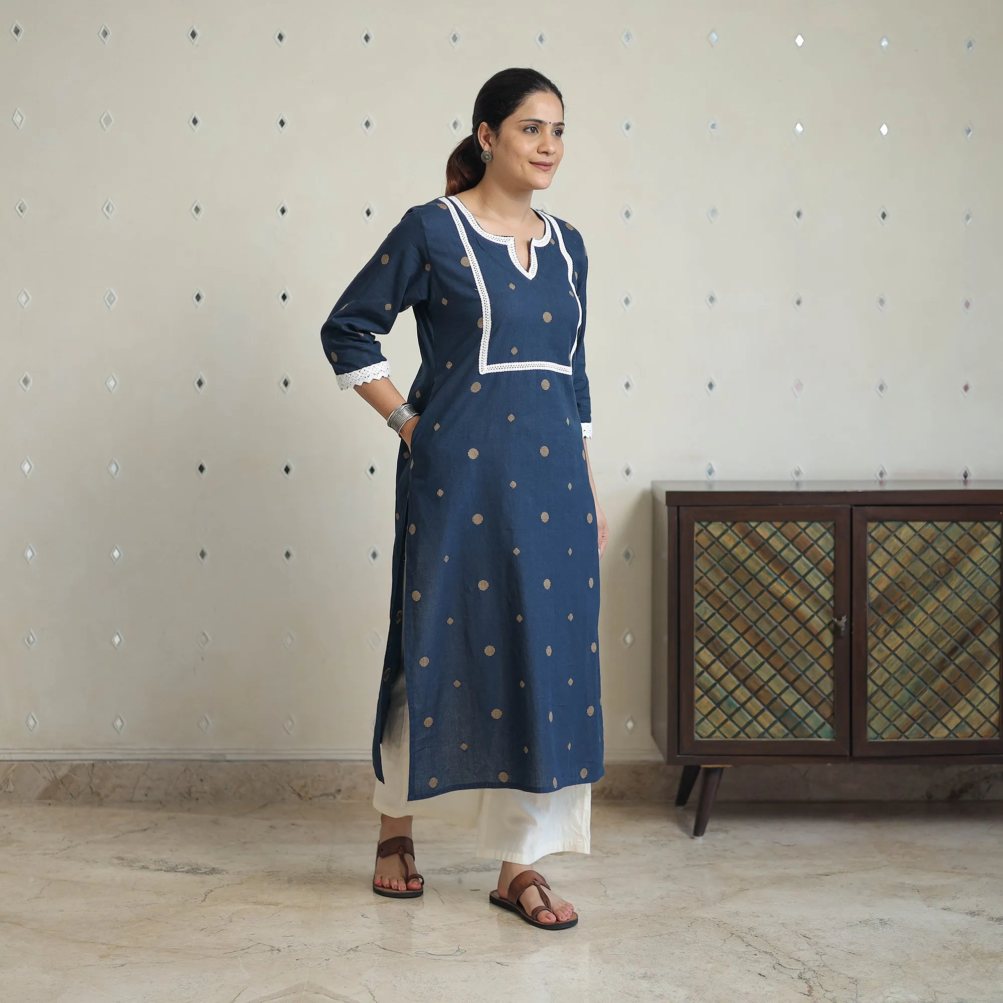 Blue - Jacquard Cotton Straight Kurta with Lace Work 27 sold by Itokri product image thumbnail 3