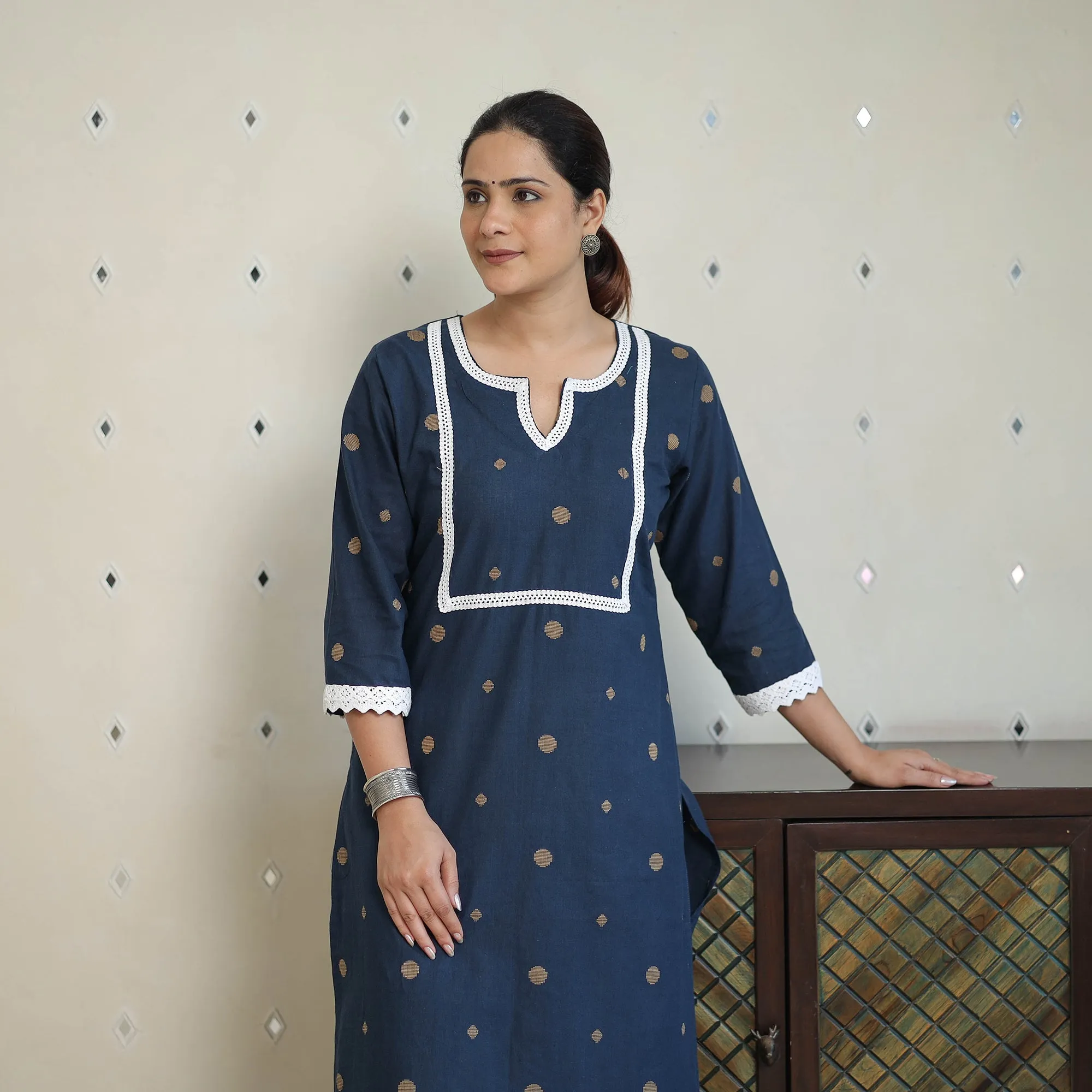 Blue - Jacquard Cotton Straight Kurta with Lace Work 27 sold by Itokri