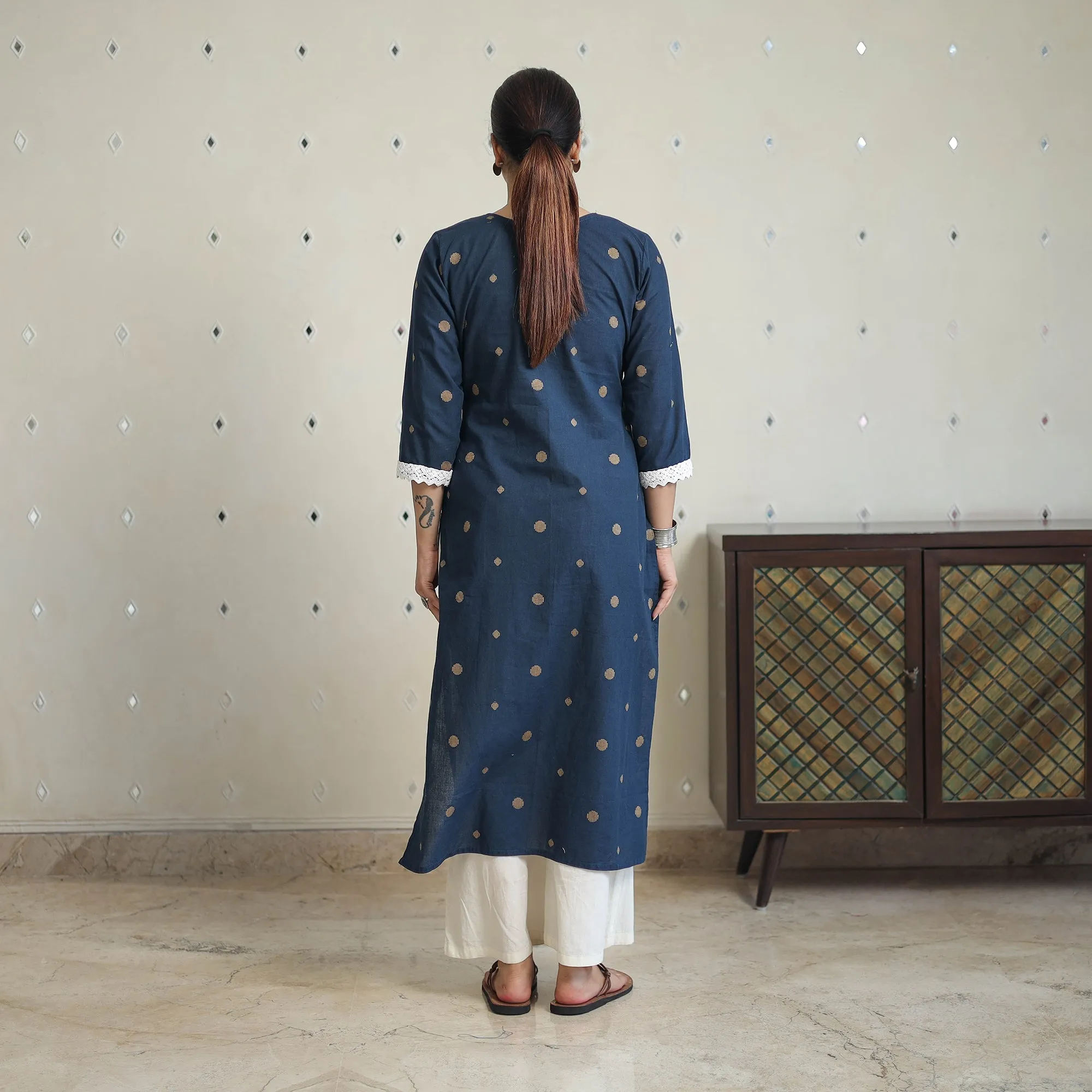 Blue - Jacquard Cotton Straight Kurta with Lace Work 27 sold by Itokri product image thumbnail 4