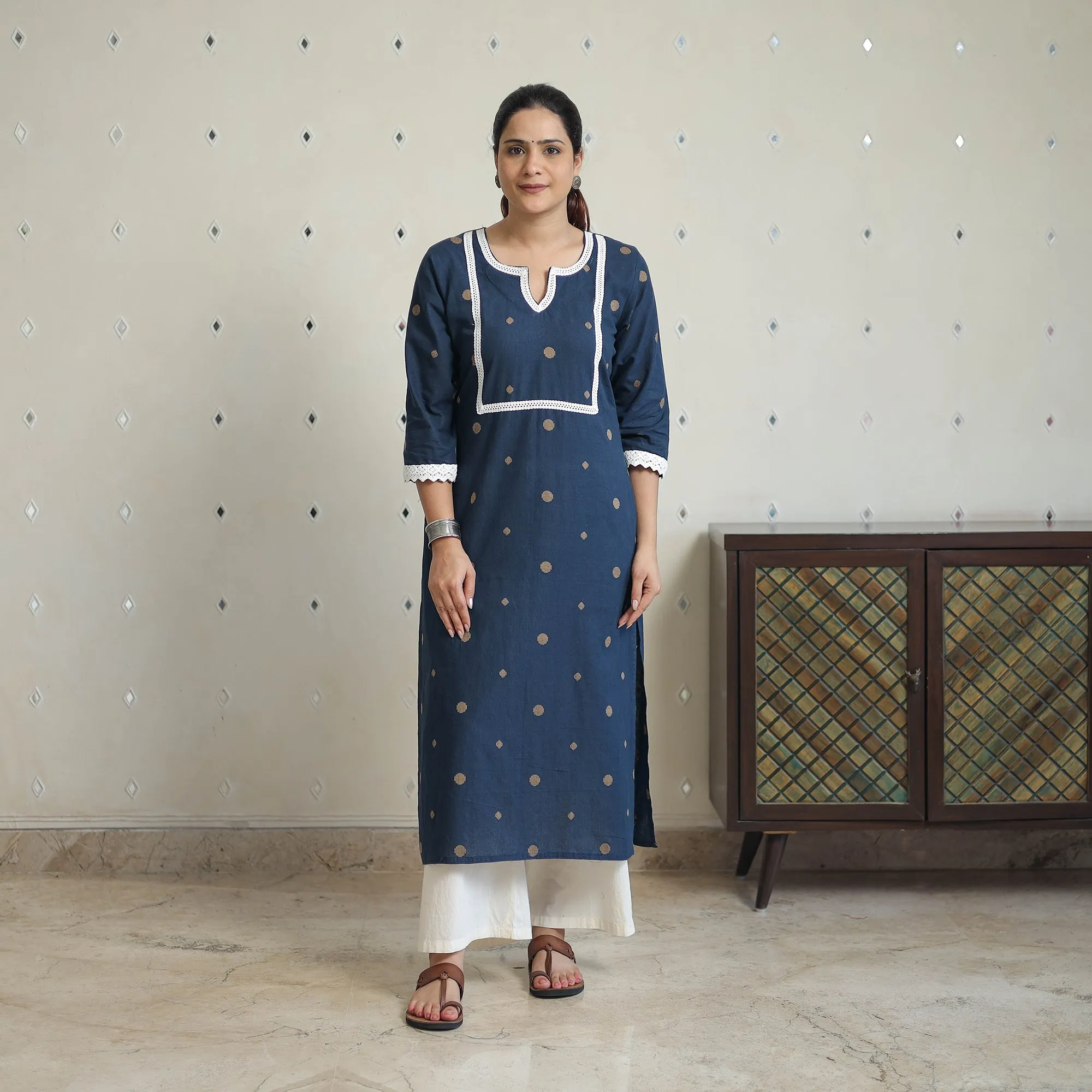 Blue - Jacquard Cotton Straight Kurta with Lace Work 27 sold by Itokri product image thumbnail 2
