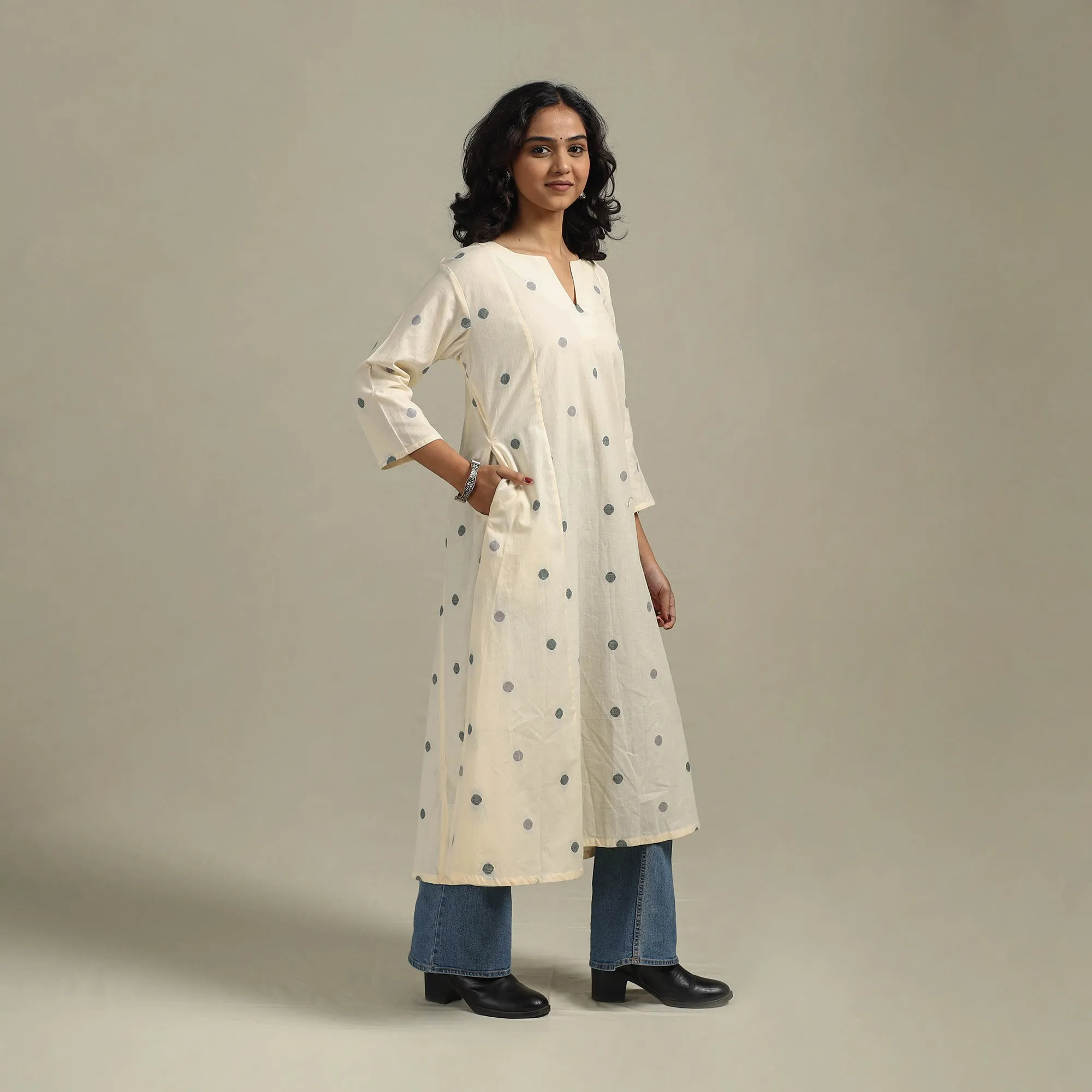 Beige - A-Line Cotton Jacquard Kurta 17 sold by Itokri