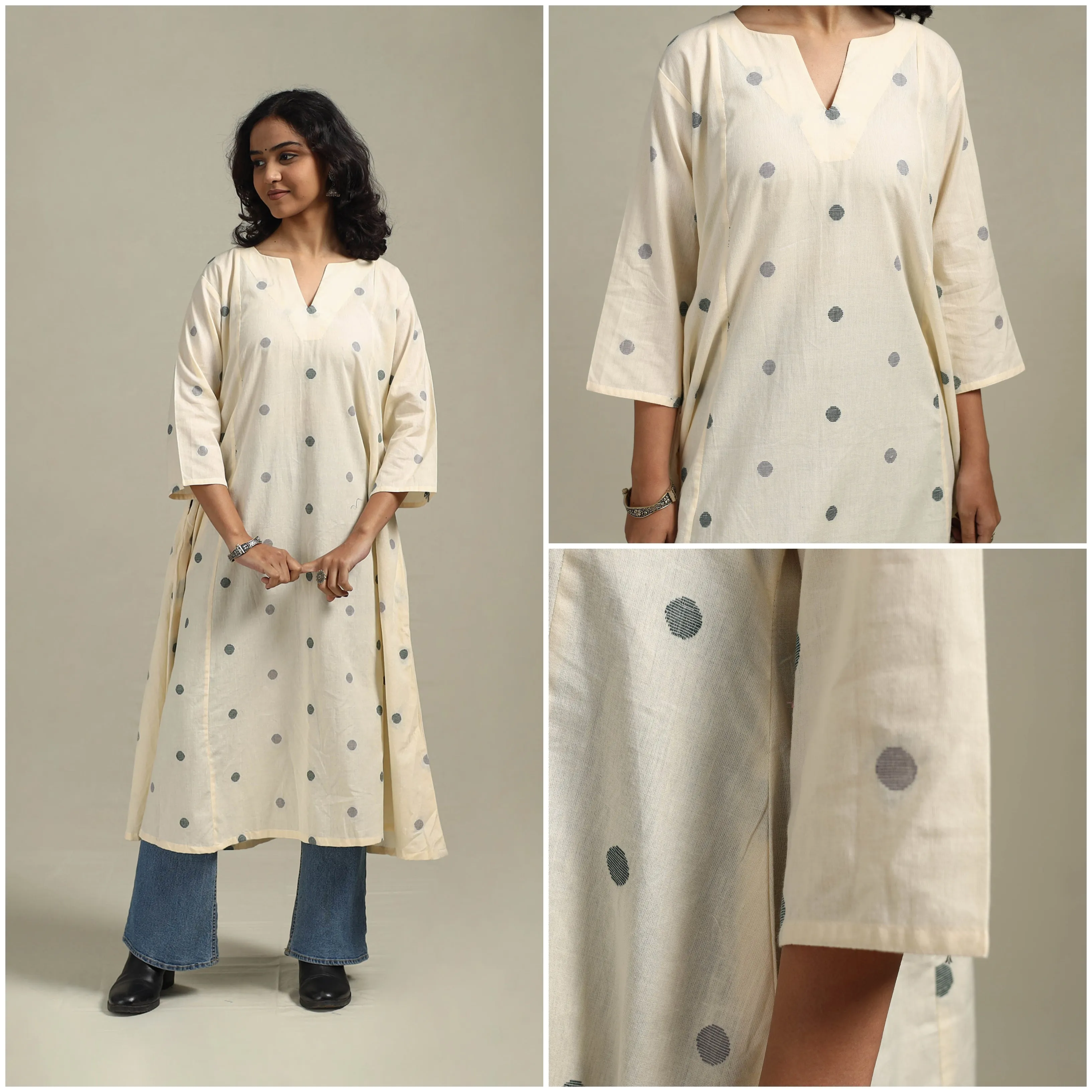 Beige - A-Line Cotton Jacquard Kurta 17 sold by Itokri product image thumbnail 3