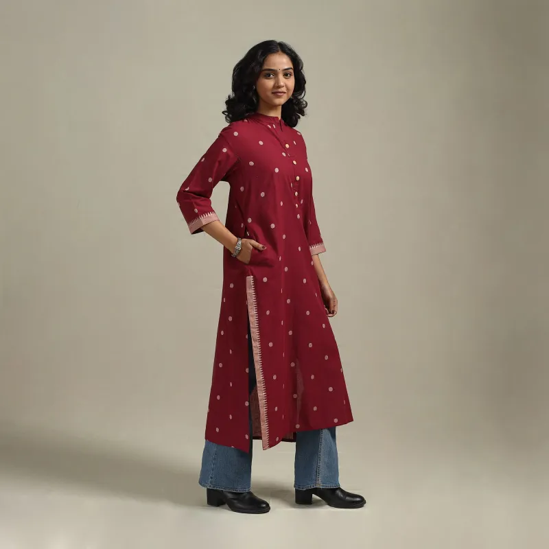 Red - Straight Cotton Jacquard Kurta 09 made by Itokri