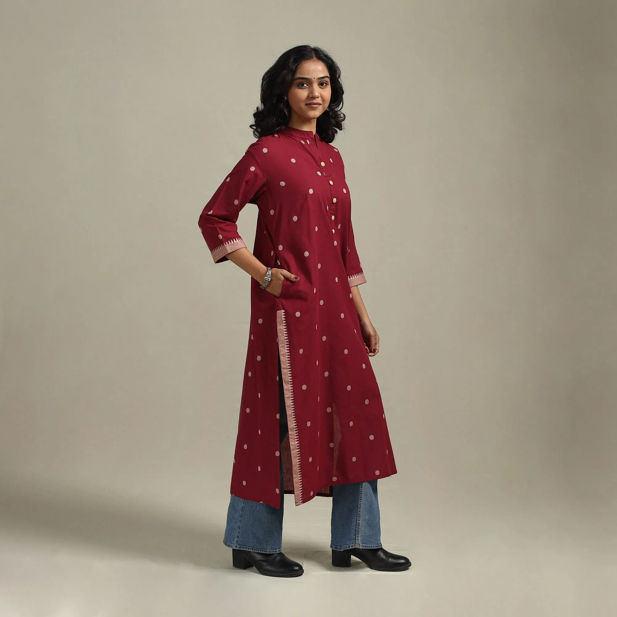 Red - Straight Cotton Jacquard Kurta 09 sold by Itokri