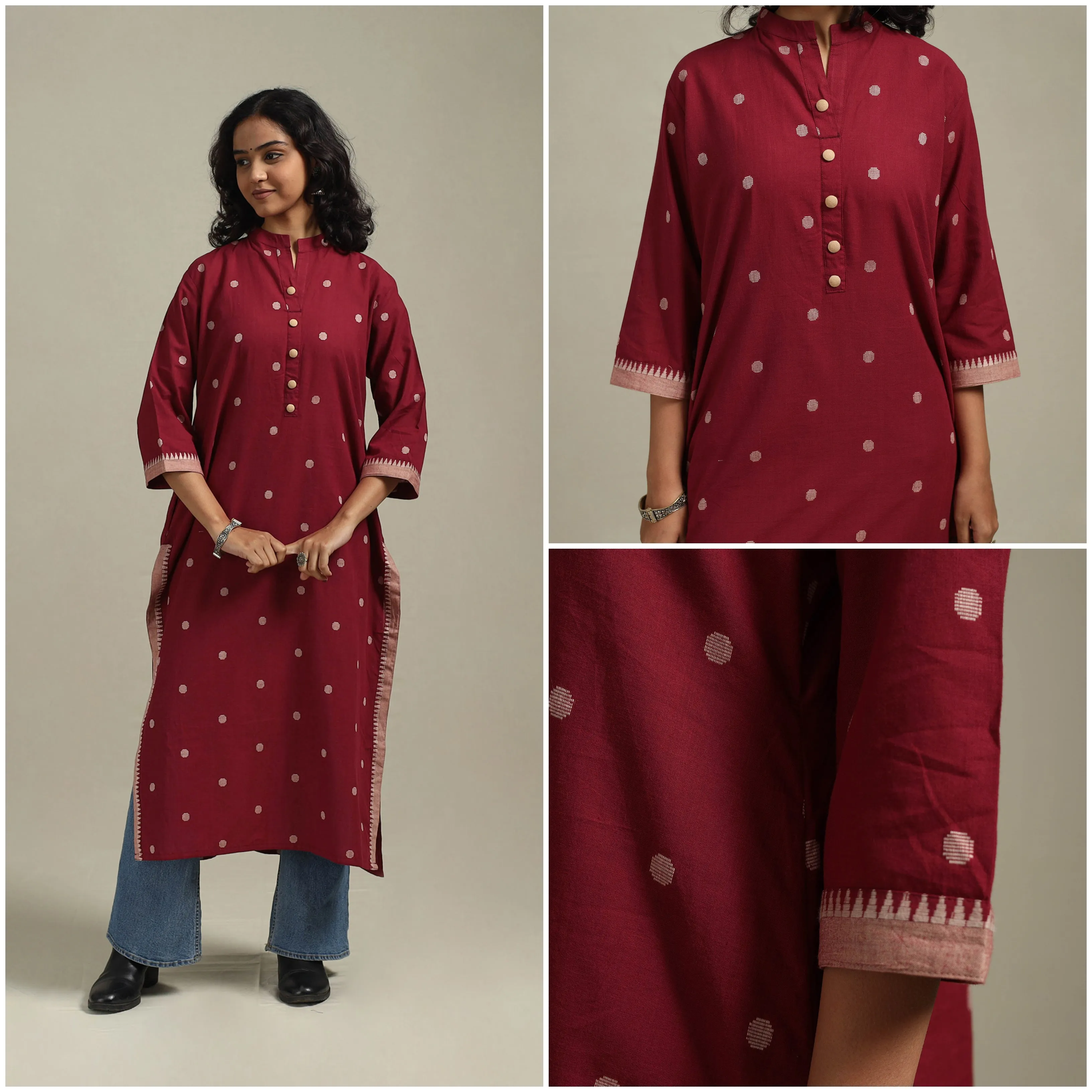 Red - Straight Cotton Jacquard Kurta 09 sold by Itokri product image thumbnail 3
