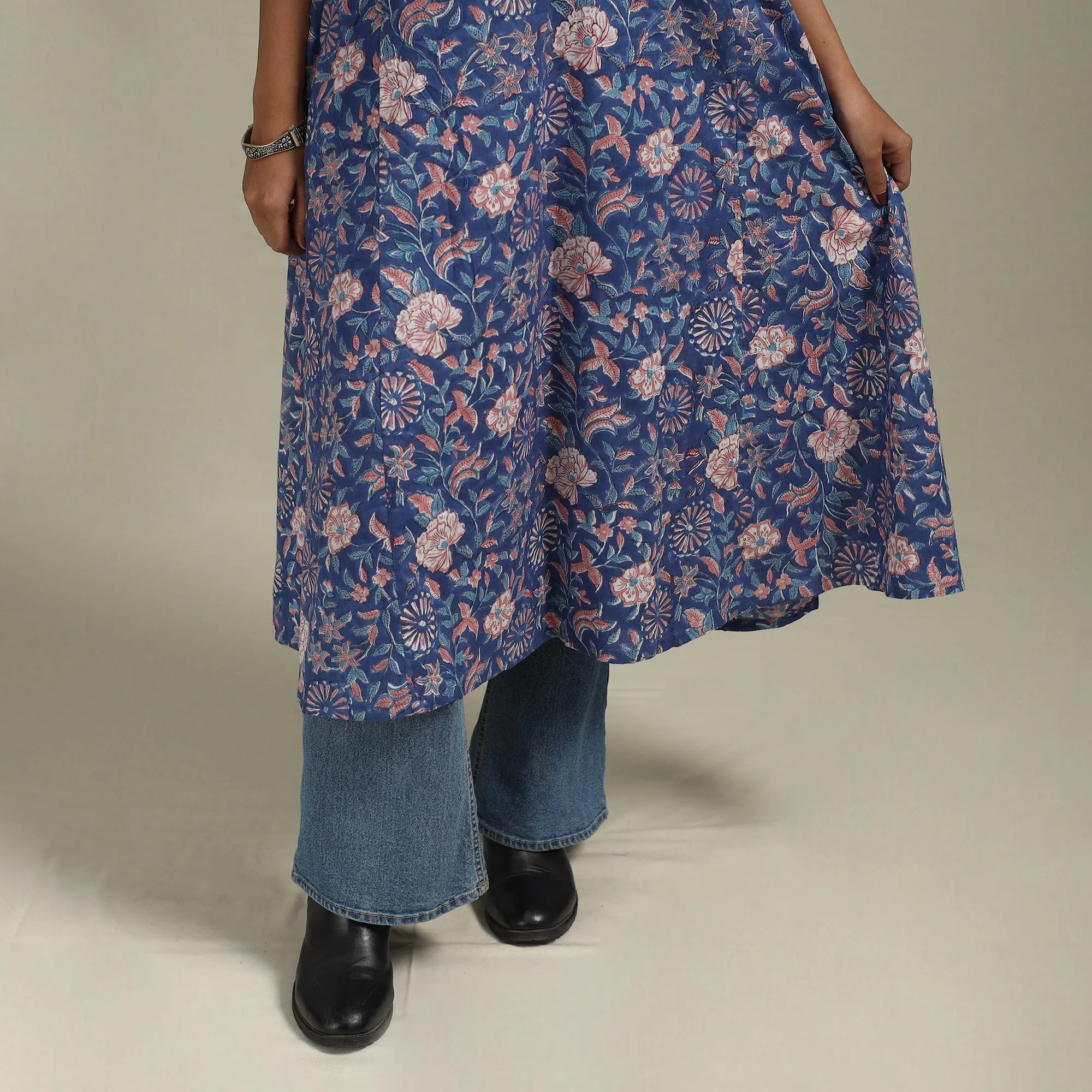 Blue - Block Print Cotton A-Line Sanganeri Kurta 27 sold by Itokri product image thumbnail 4