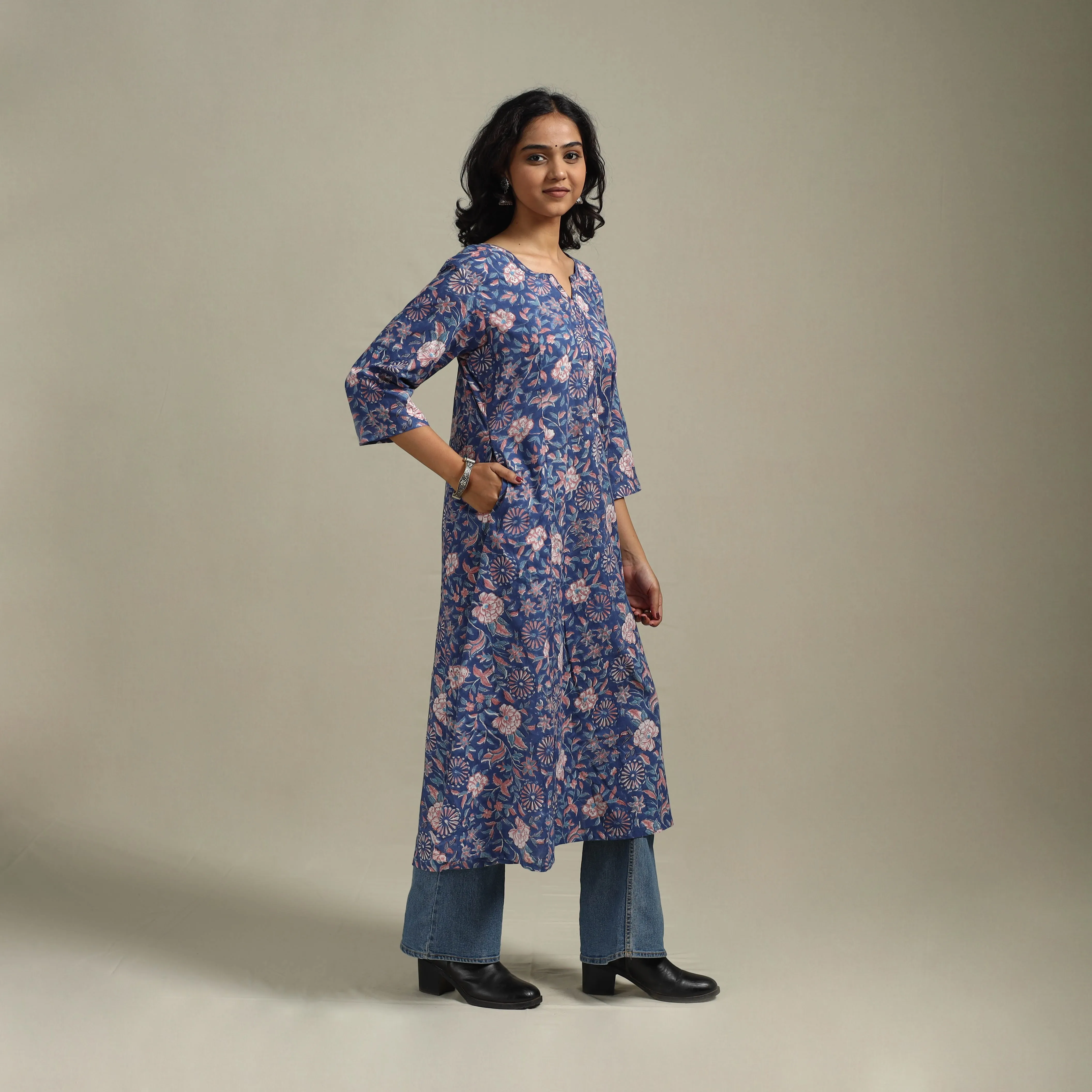 Blue - Block Print Cotton A-Line Sanganeri Kurta 27 sold by Itokri