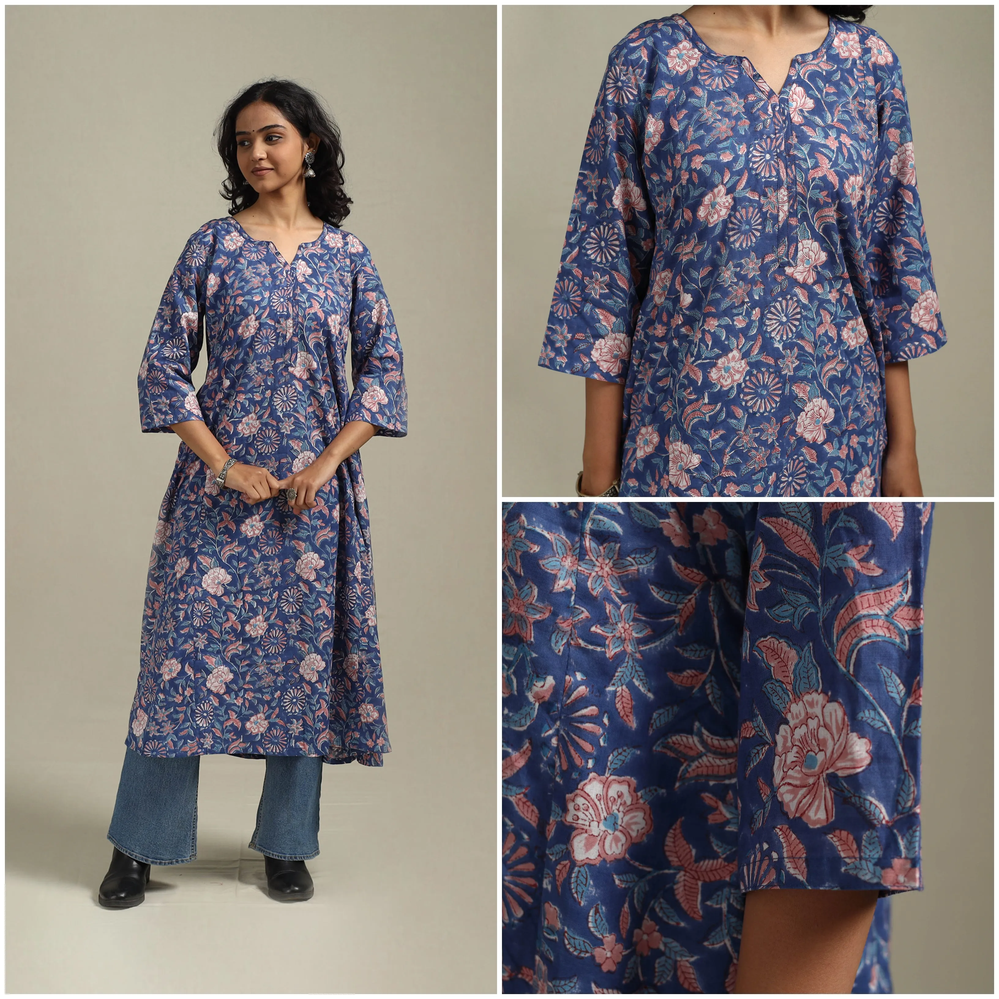 Blue - Block Print Cotton A-Line Sanganeri Kurta 27 sold by Itokri product image thumbnail 3