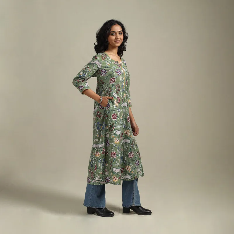 Green - Block Print Cotton A-Line Sanganeri Kurta 24 sold by Itokri