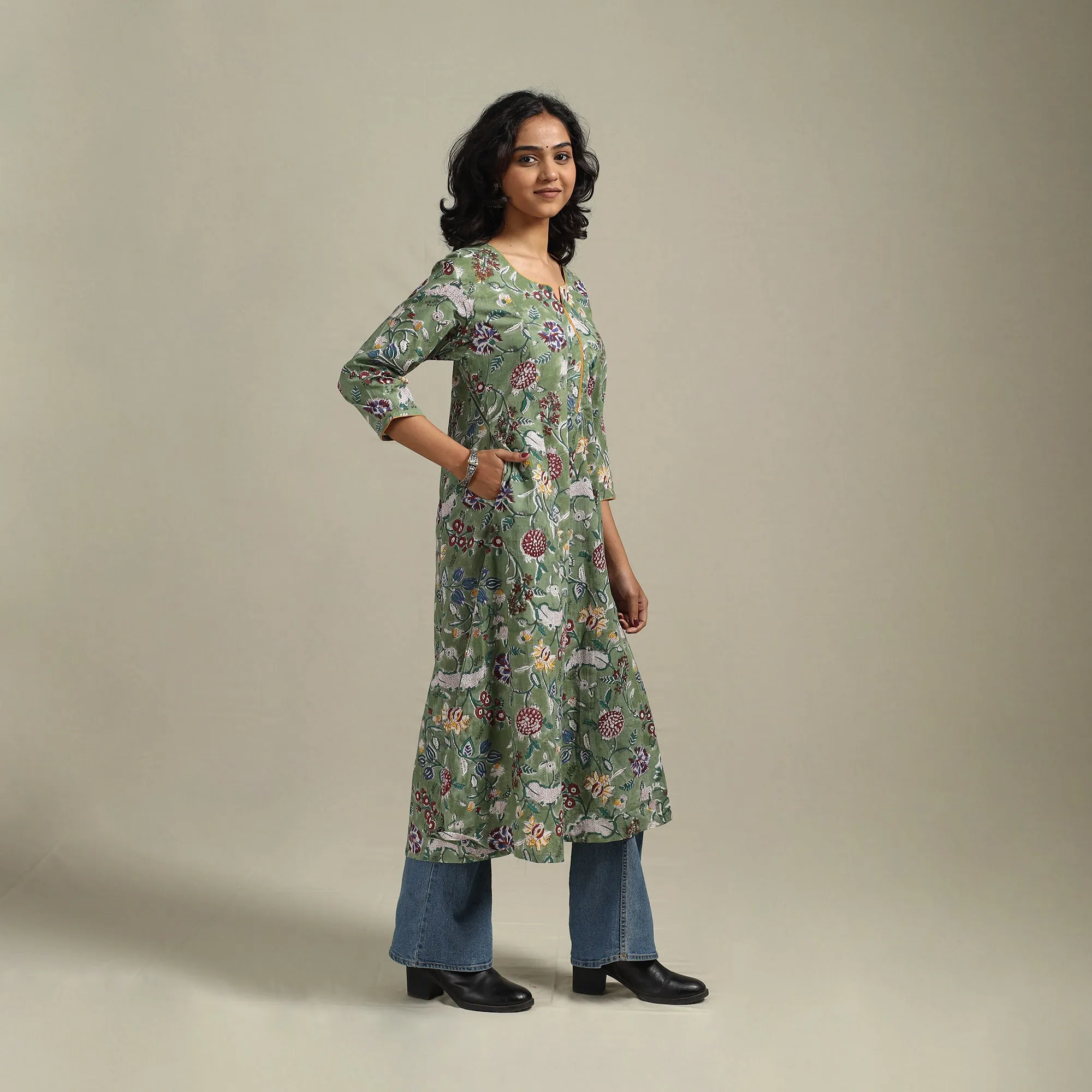 Green - Block Print Cotton A-Line Sanganeri Kurta 24 sold by Itokri