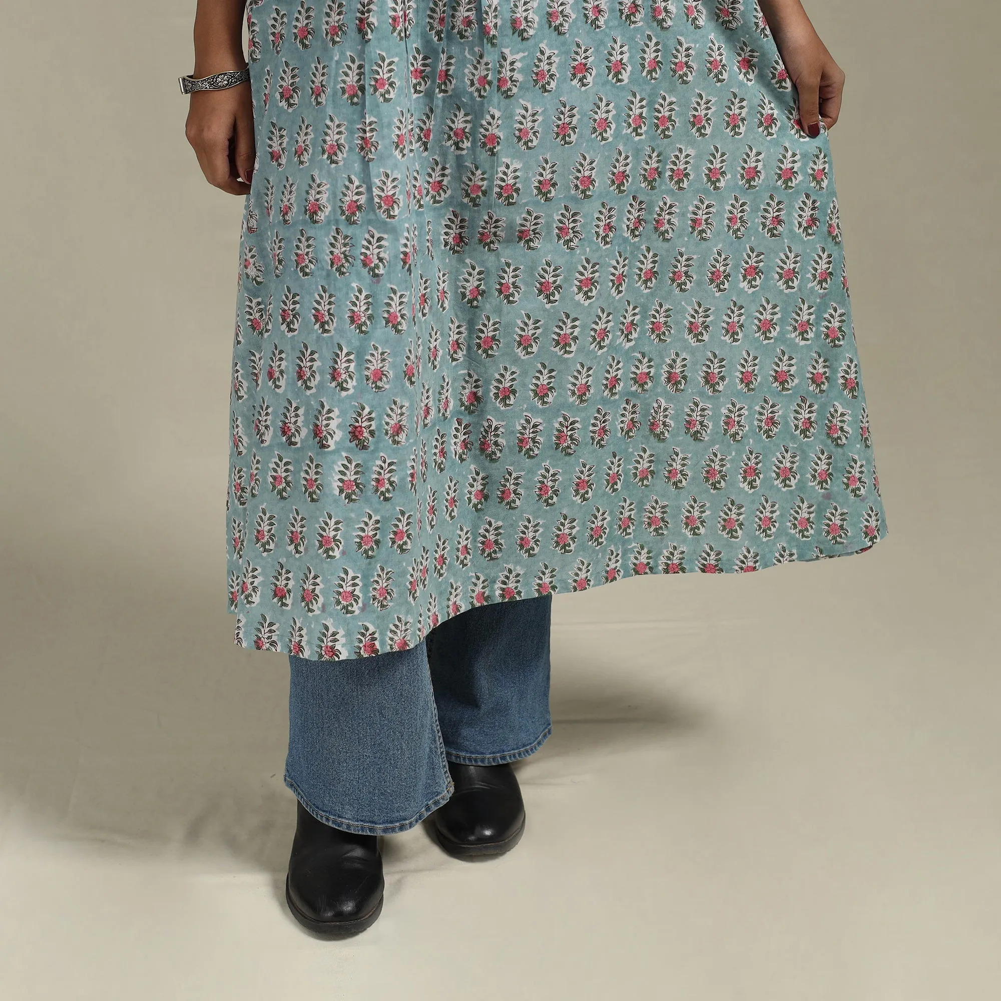 Blue - Block Print Cotton A-Line Sanganeri Kurta 33 sold by Itokri product image thumbnail 4