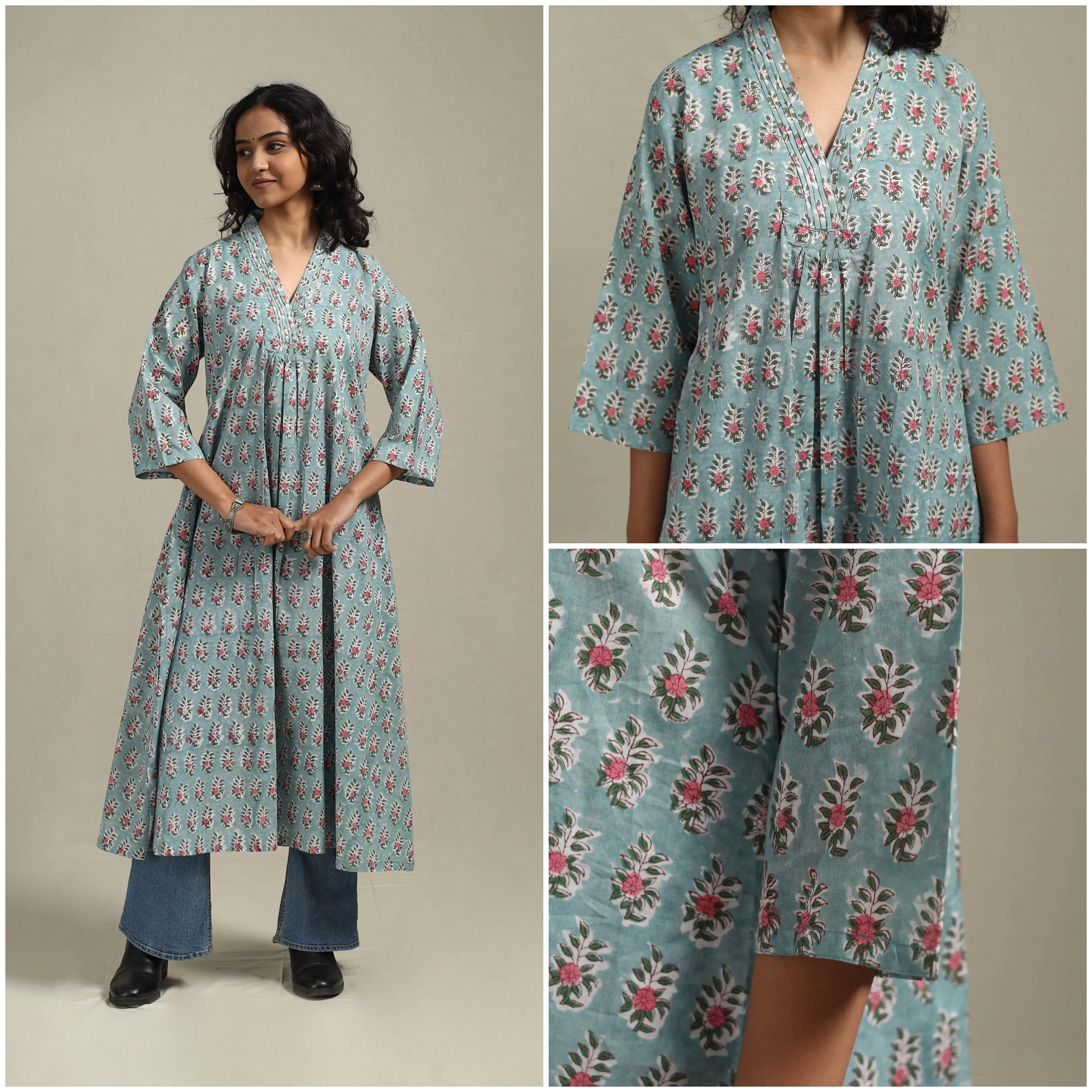 Blue - Block Print Cotton A-Line Sanganeri Kurta 33 sold by Itokri product image thumbnail 3