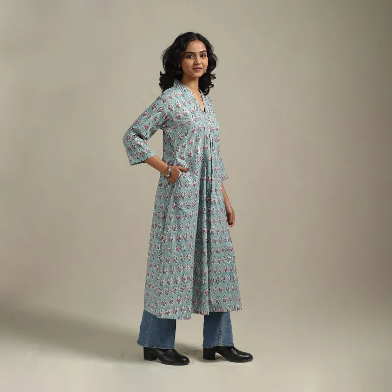 Blue - Block Print Cotton A-Line Sanganeri Kurta 33 sold by Itokri
