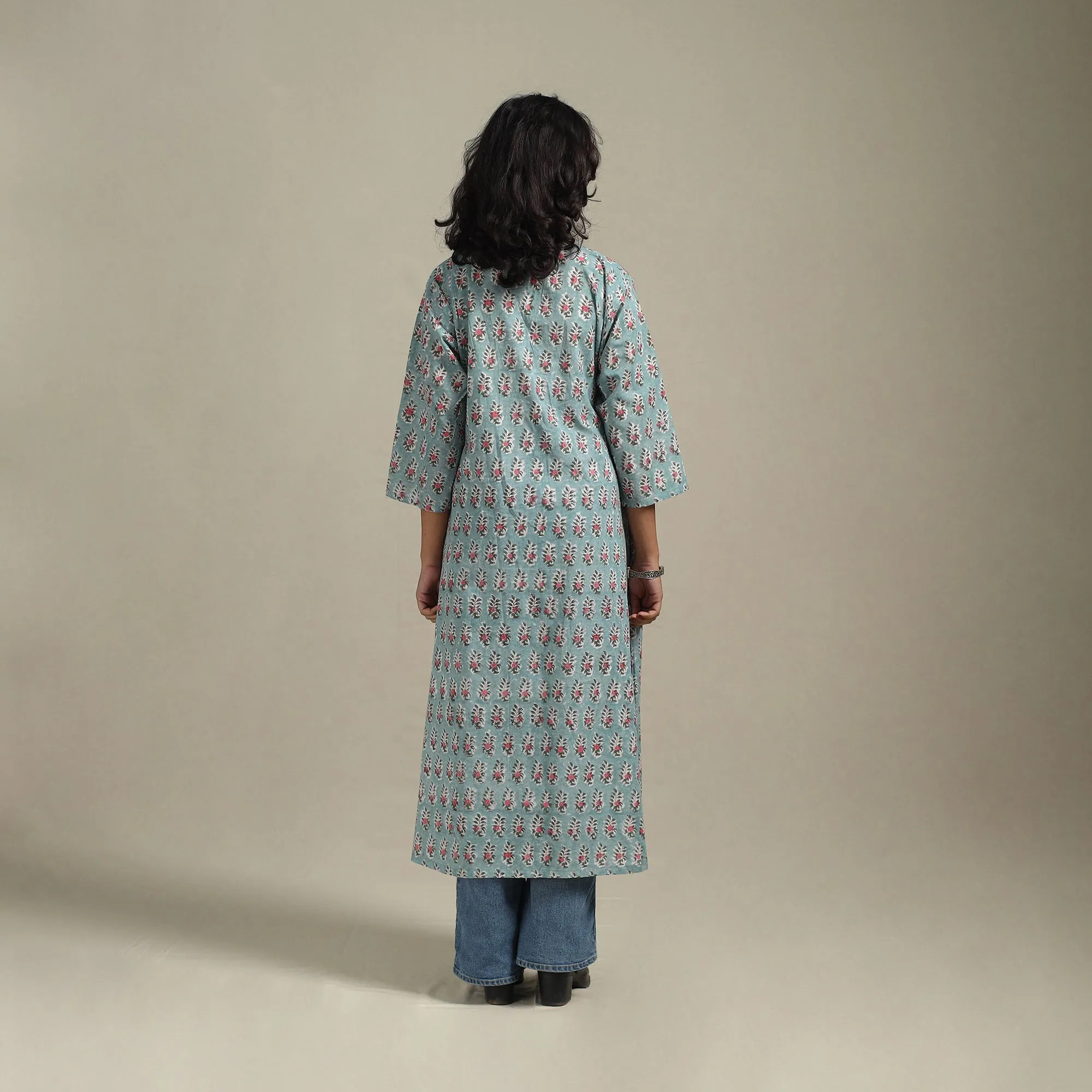 Blue - Block Print Cotton A-Line Sanganeri Kurta 33 sold by Itokri product image thumbnail 5