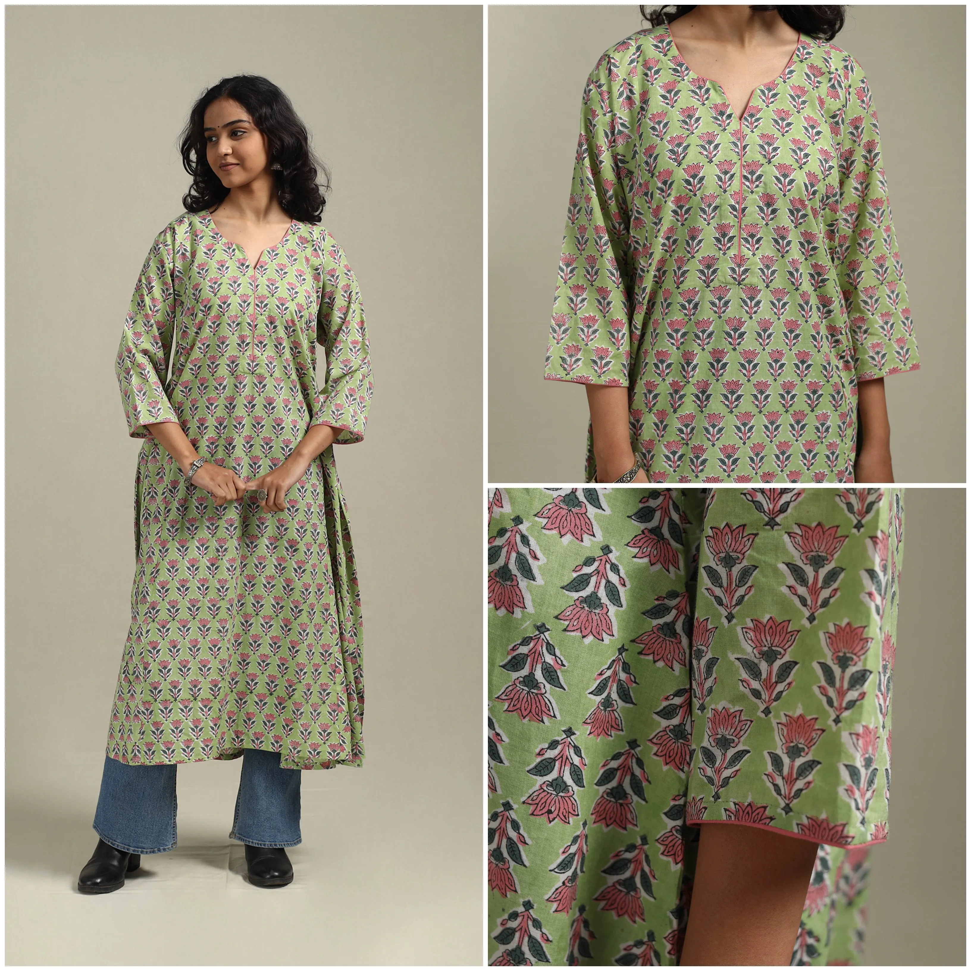 Green - Block Print Cotton A-Line Sanganeri Kurta 21 sold by Itokri product image thumbnail 3