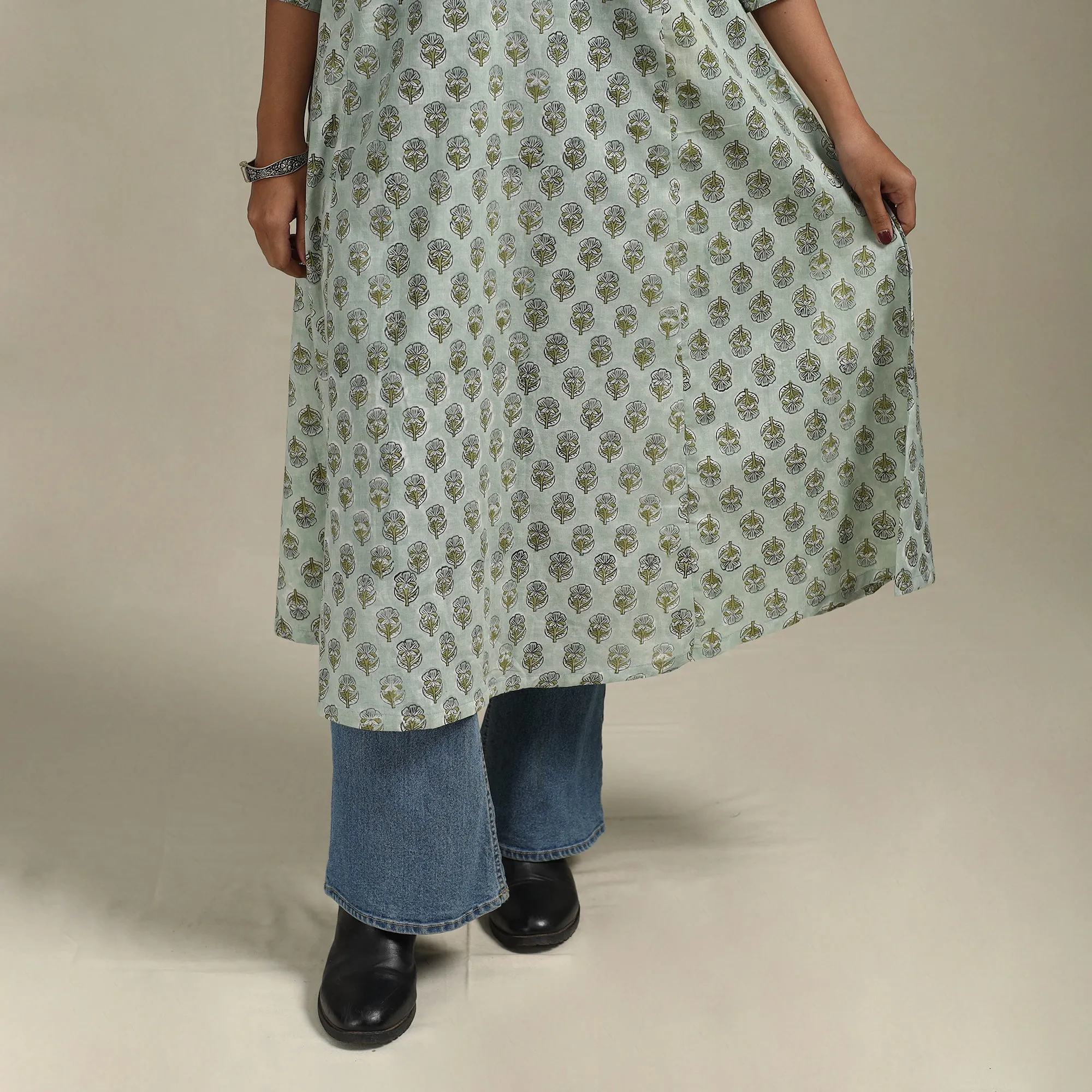 Green - Block Print Cotton A-Line Sanganeri Kurta 19 sold by Itokri product image thumbnail 4