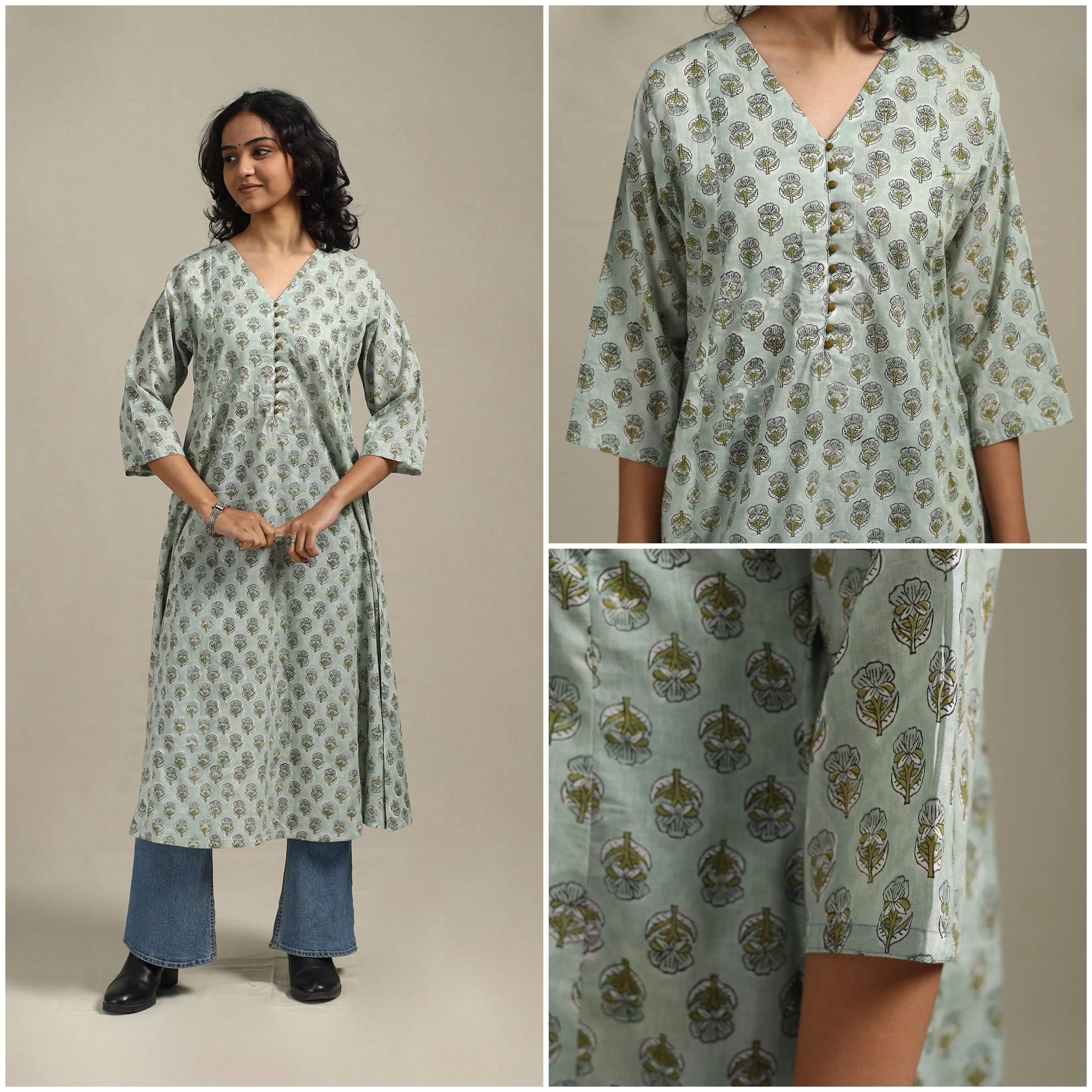 Green - Block Print Cotton A-Line Sanganeri Kurta 19 sold by Itokri product image thumbnail 3