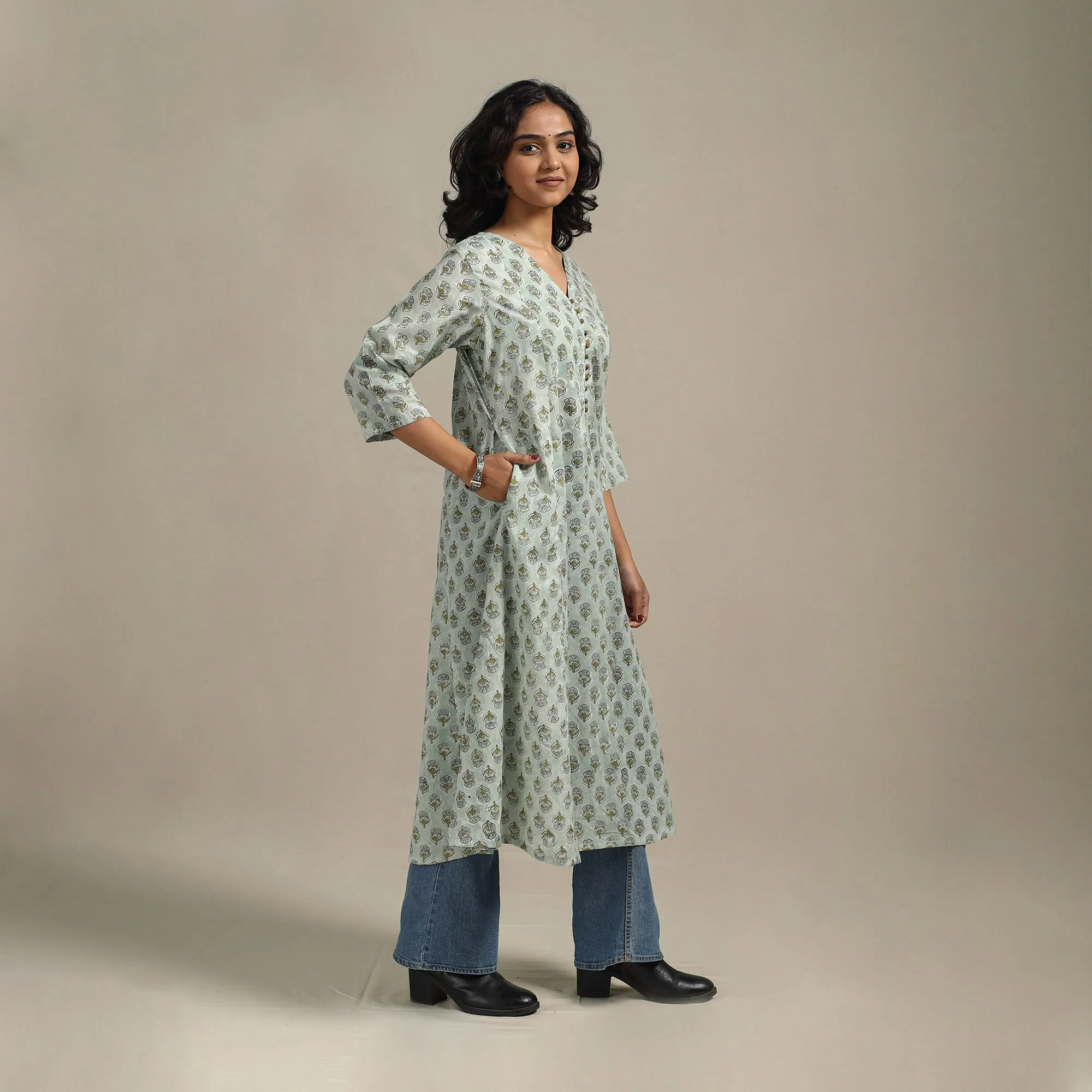Green - Block Print Cotton A-Line Sanganeri Kurta 19 sold by Itokri